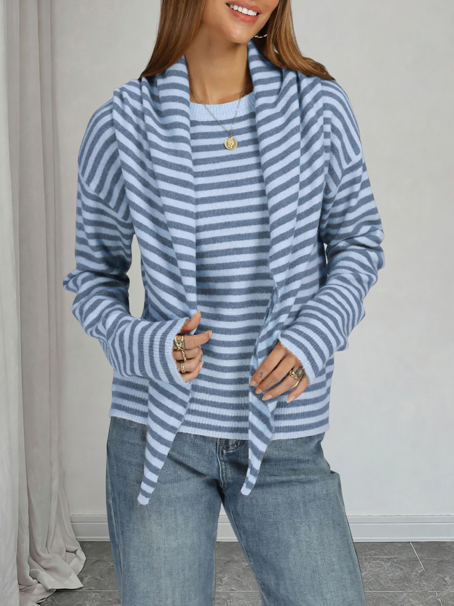 Round Neck Loose Striped Long Sleeve Sweater with Shawl Light Blue/M