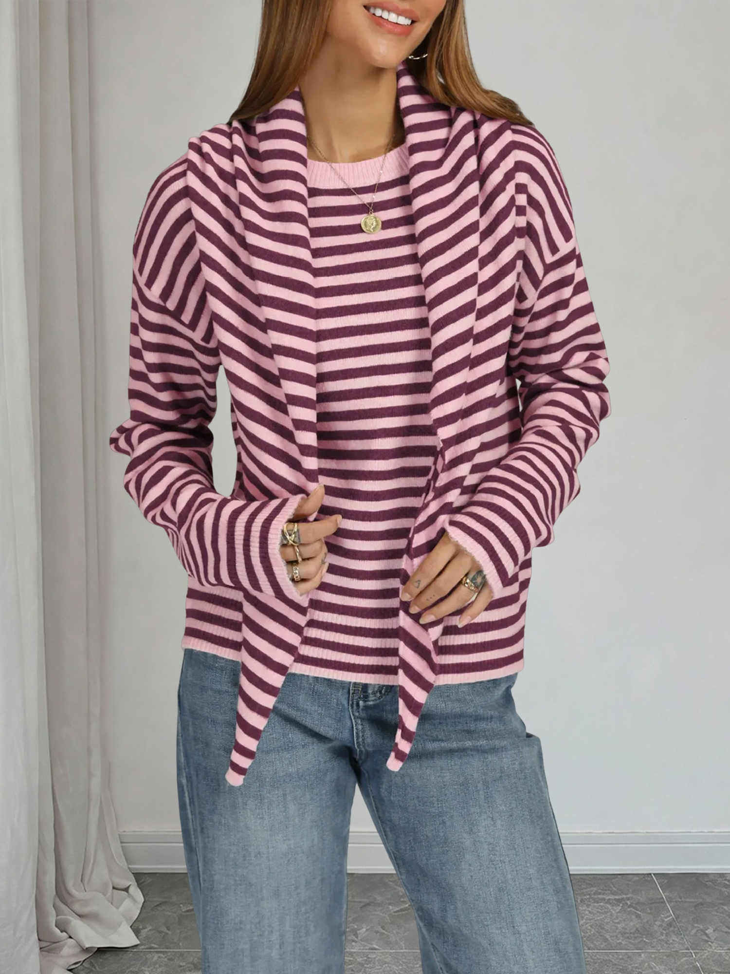 Round Neck Loose Striped Long Sleeve Sweater with Shawl Pink/L