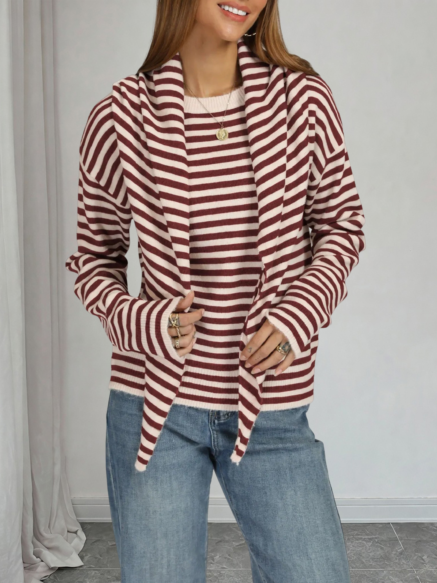 Round Neck Loose Striped Long Sleeve Sweater with Shawl Red/S