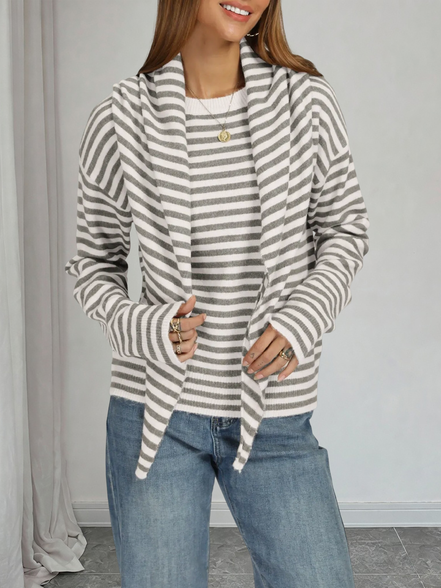 Round Neck Loose Striped Long Sleeve Sweater with Shawl White Gray/M