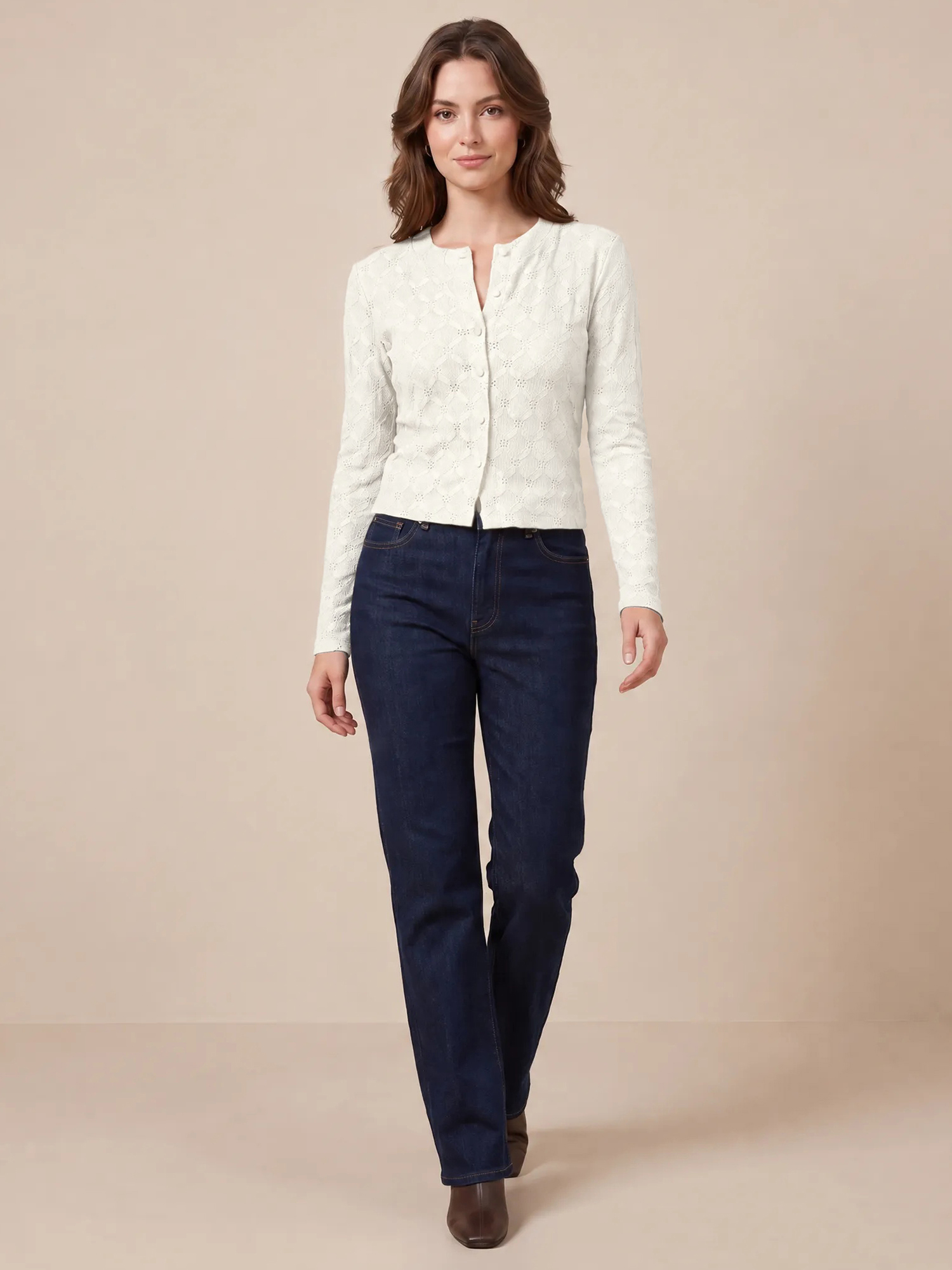 Button Down Eyelet Long Sleeve Cropped Knit Top Raw White/S