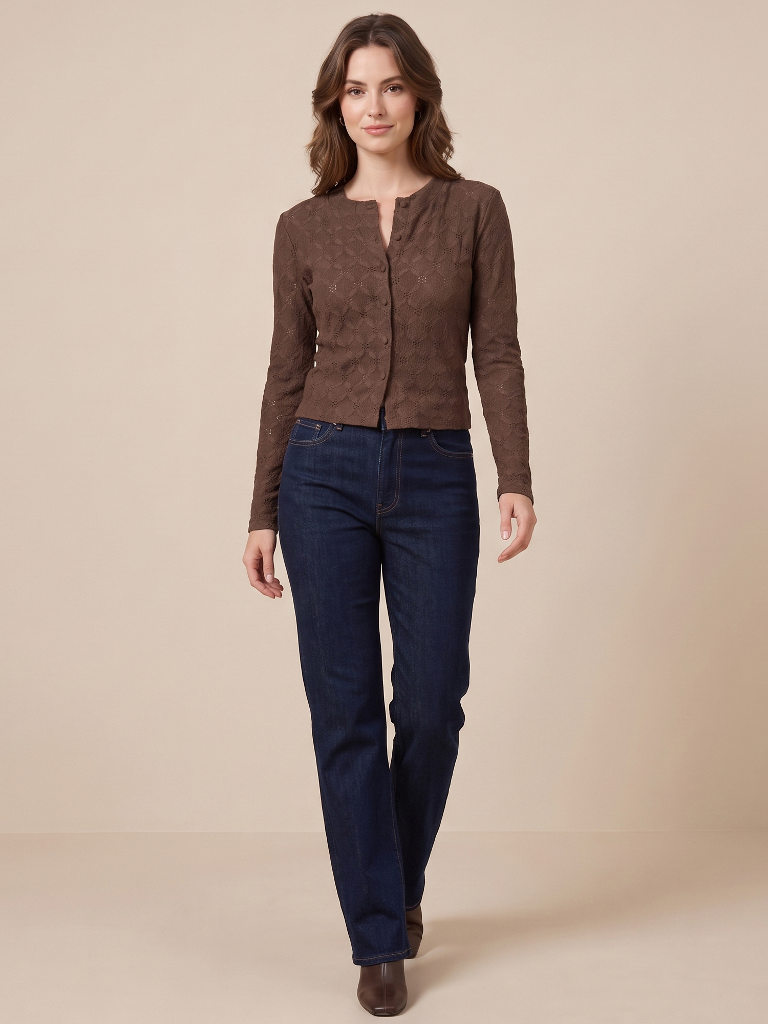 Button Down Eyelet Long Sleeve Cropped Knit Top Brown/S