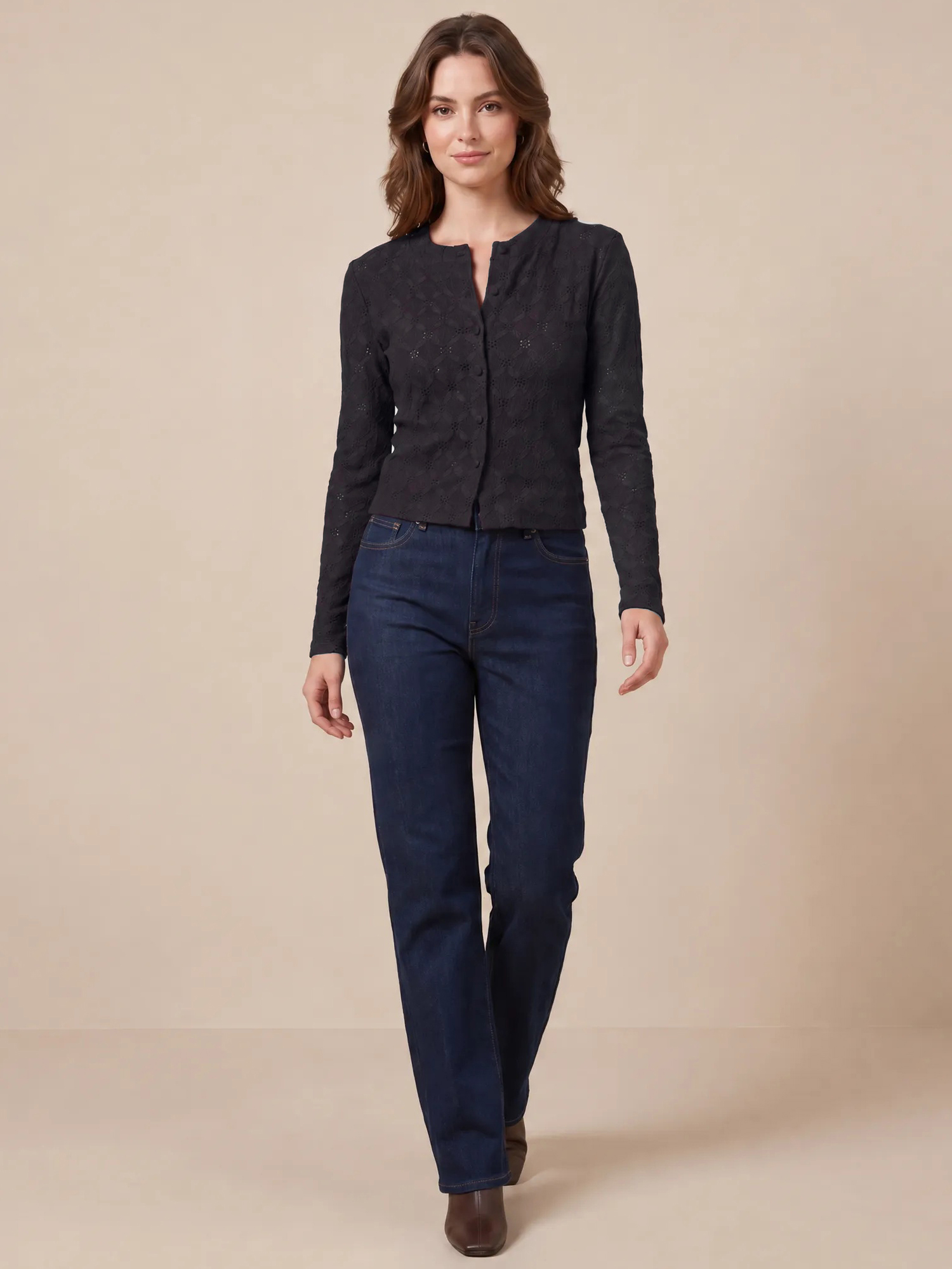 Button Down Eyelet Long Sleeve Cropped Knit Top Black/L
