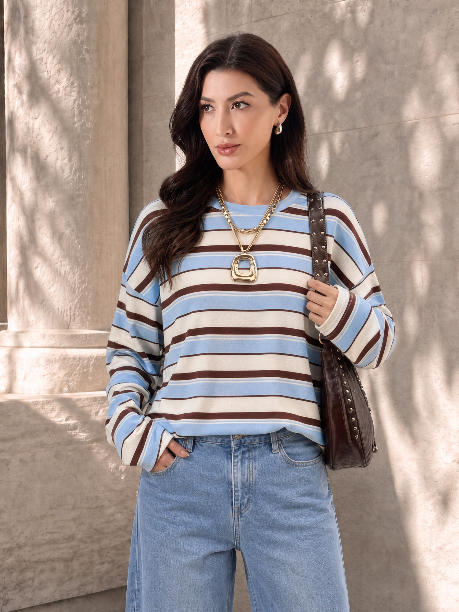 Colorblock Striped Loose Fit Long Sleeves Sweatshirt Light Blue/S