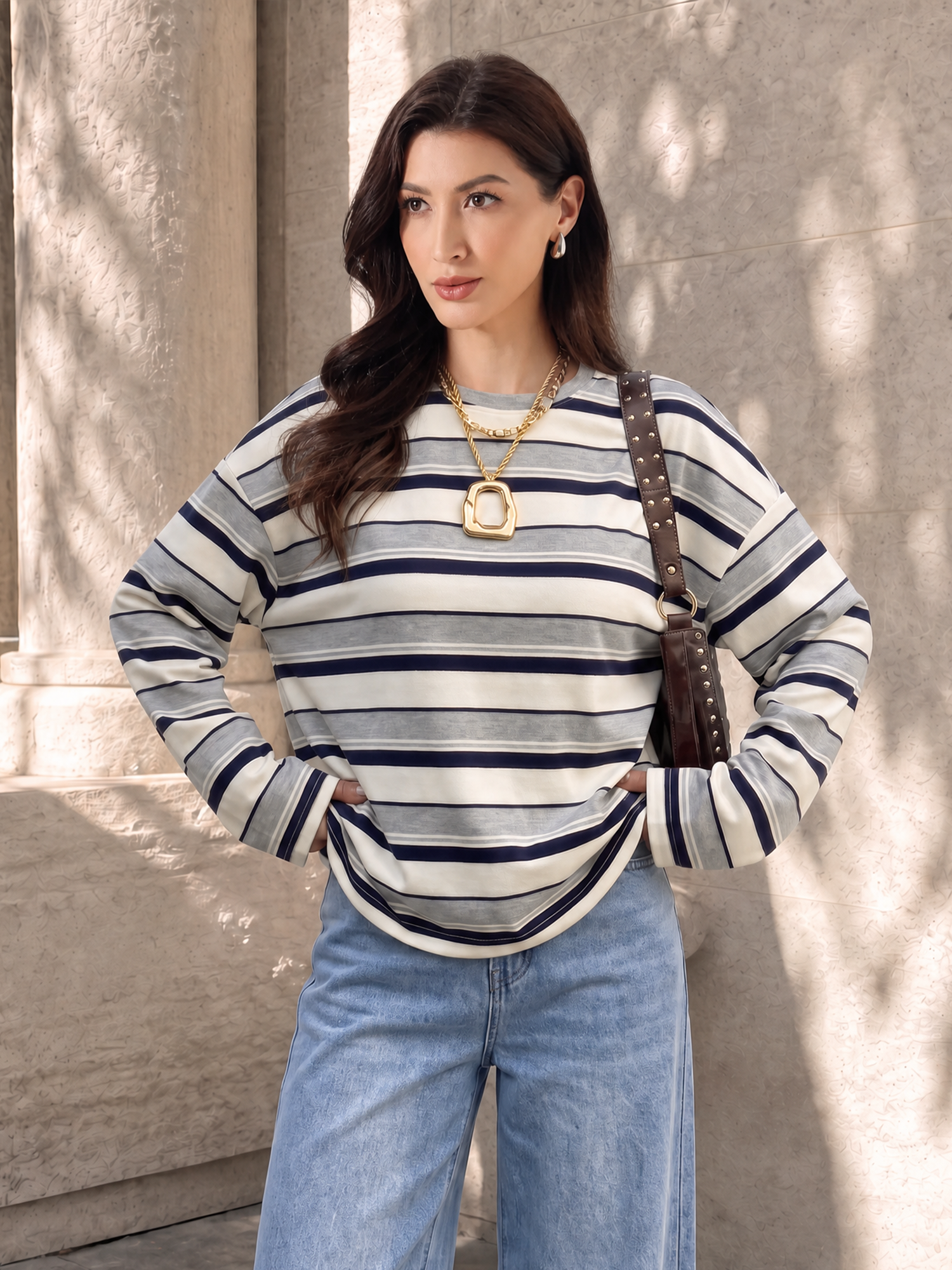 Colorblock Striped Loose Fit Long Sleeves Sweatshirt Light Gray/XL