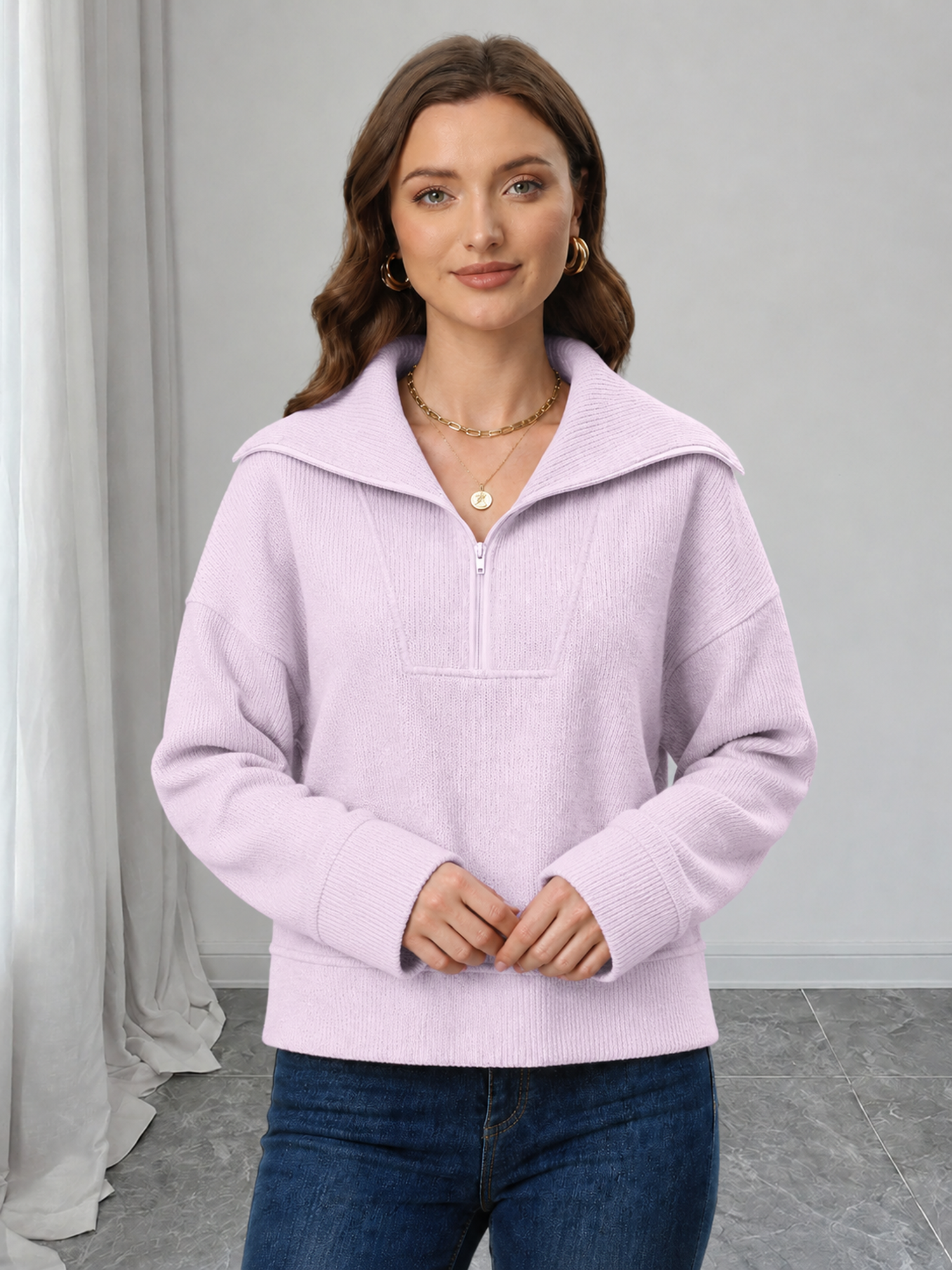 Solid Color Zipper Lapel Long Sleeves Casual Blouse Pink/L