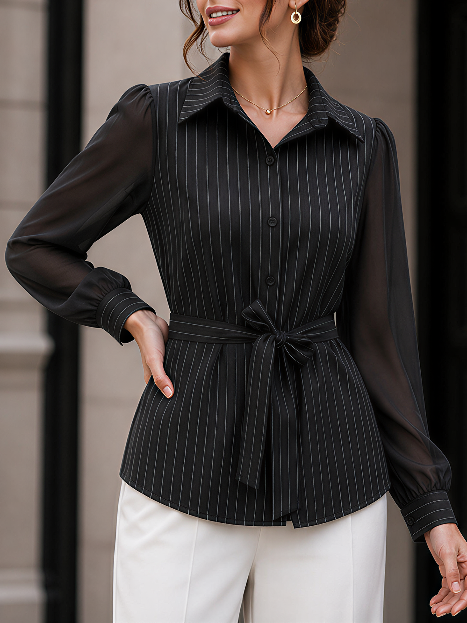 Striped Mesh Sheer Puff Sleeves Belted Blouse Black/L