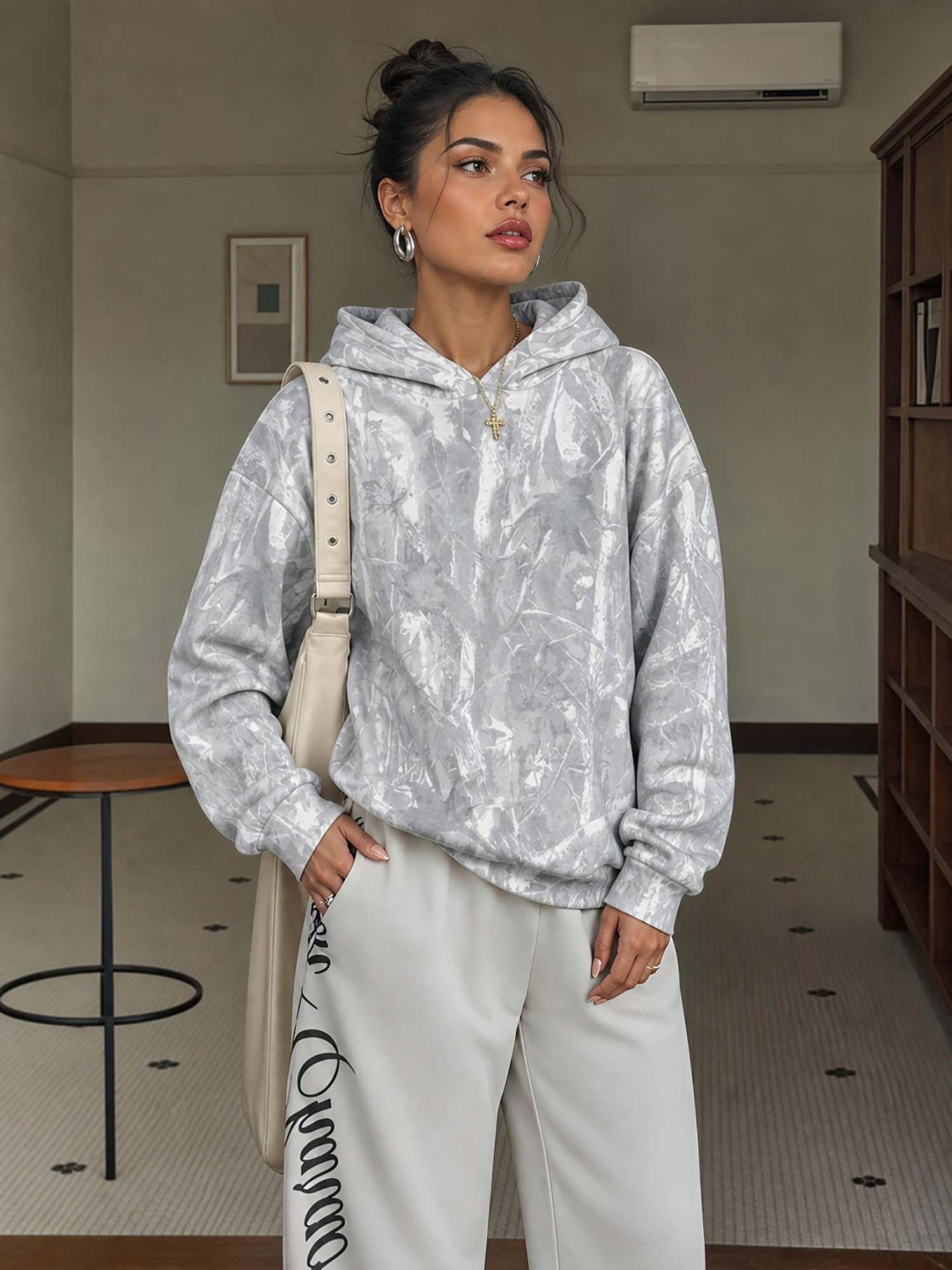 Long Sleeves Leopard Casual Pullover Hoodies Gray/S