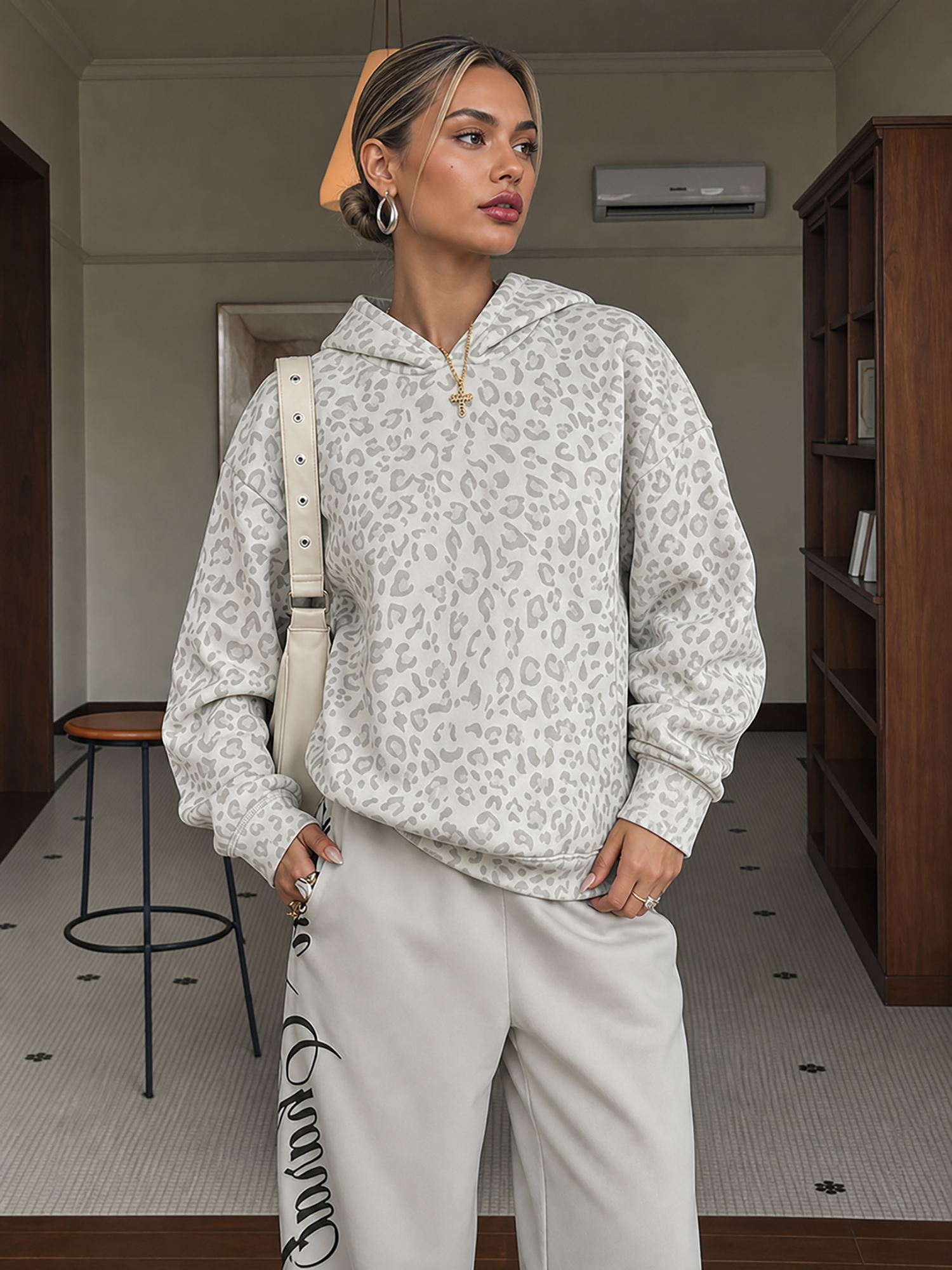 Long Sleeves Leopard Casual Pullover Hoodies Gray Leopard/XL