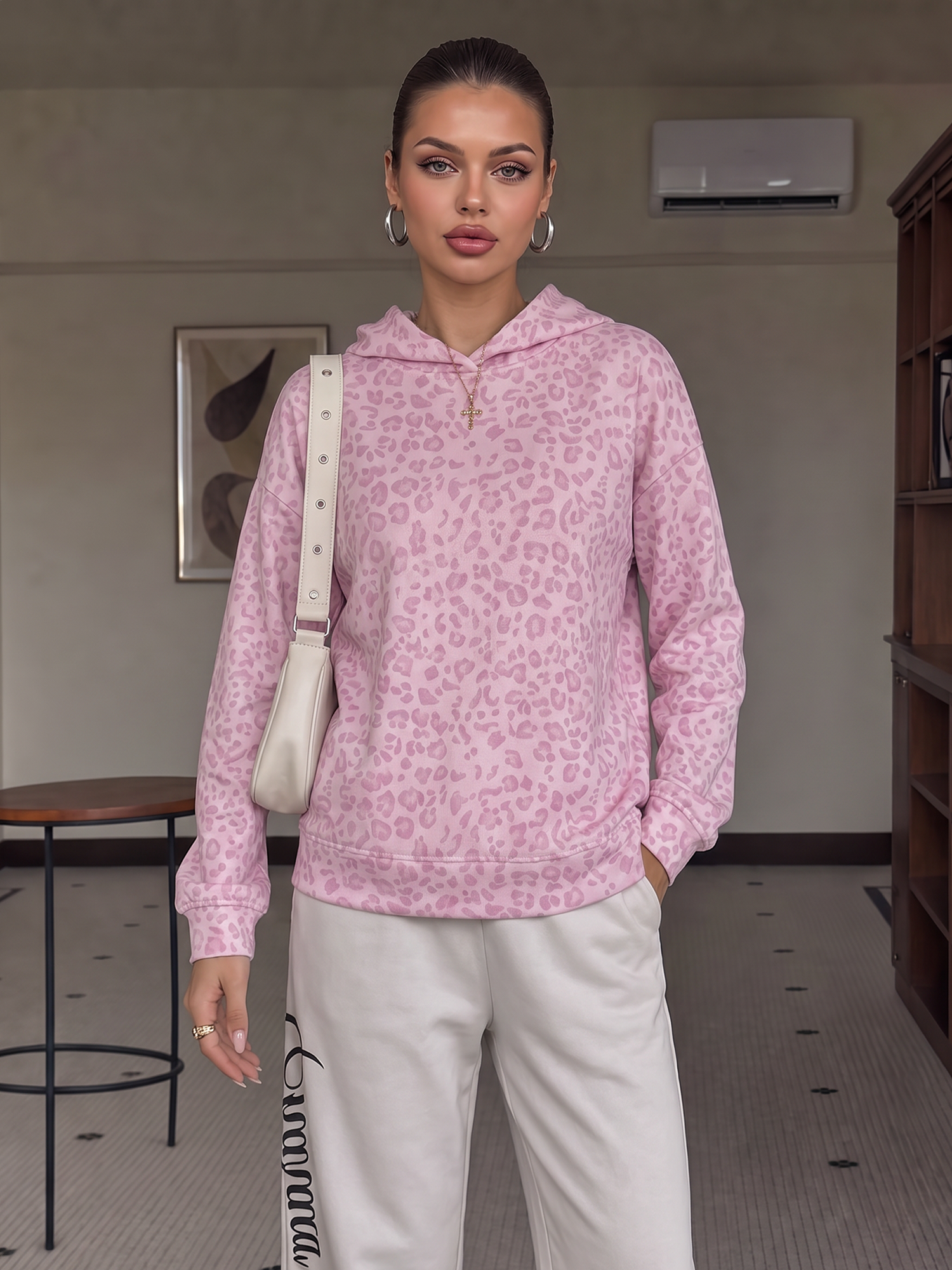 Long Sleeves Leopard Casual Pullover Hoodies Pink Leopard/S