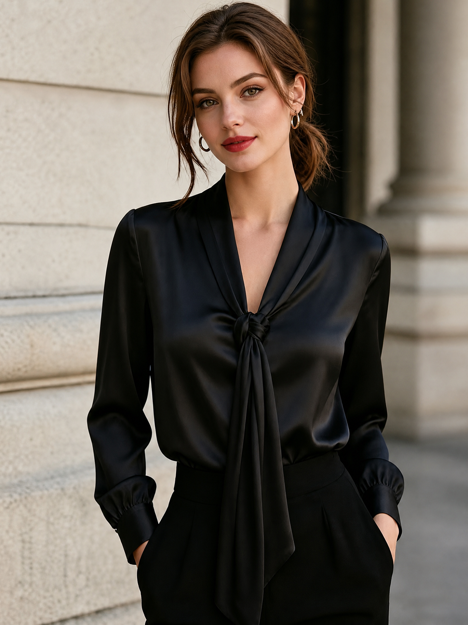 Satin Long Sleeves Tie Neck Work Office Blouse Black/XL