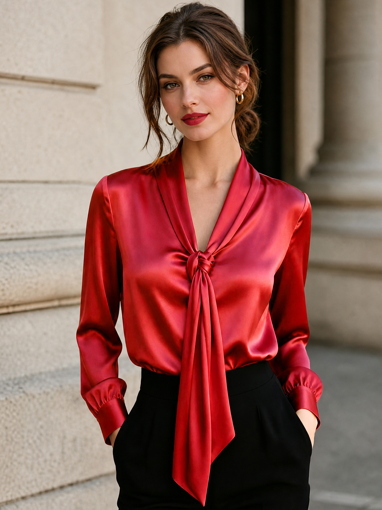 Satin Long Sleeves Tie Neck Work Office Blouse Burgundy/M