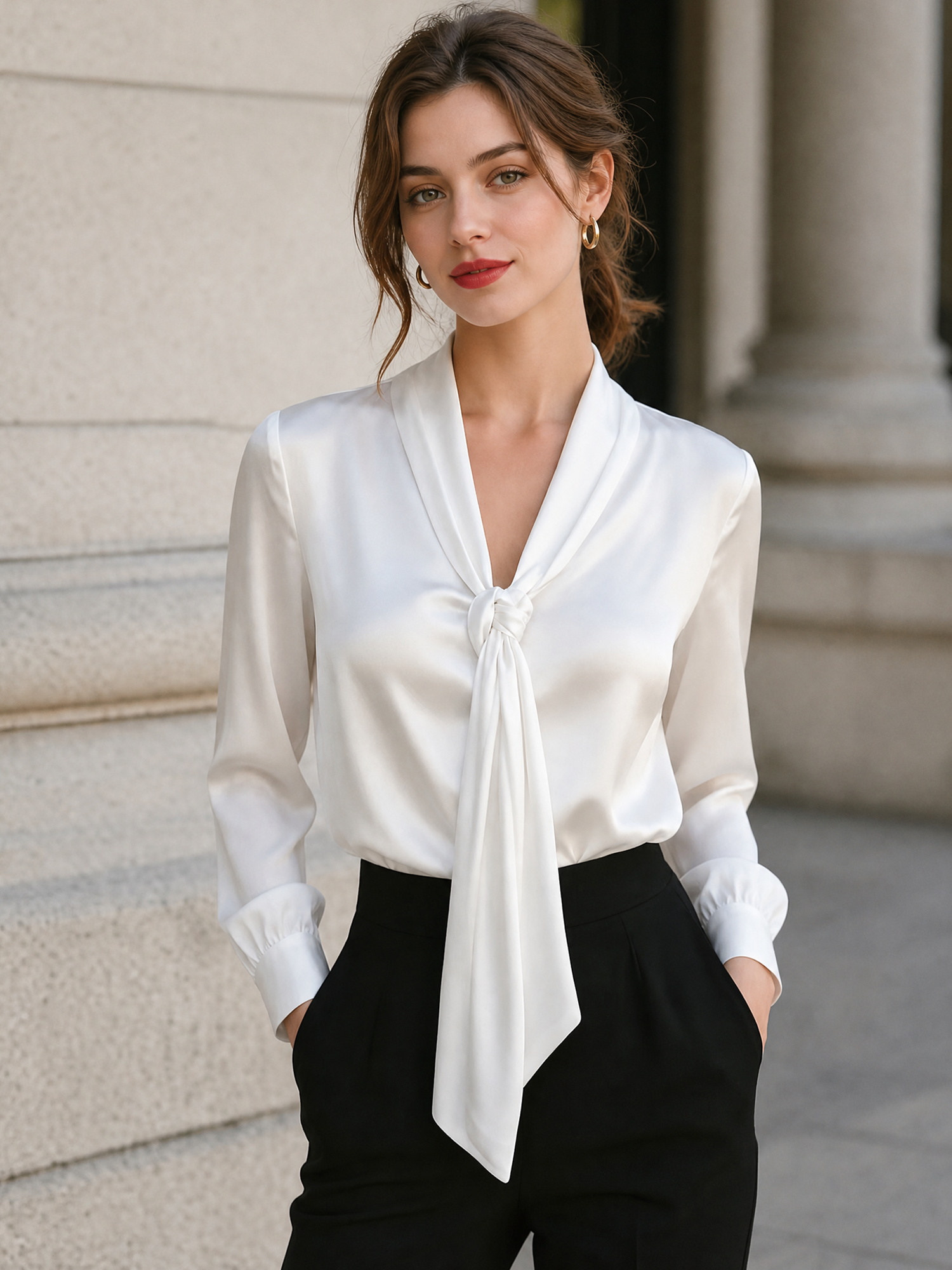 Satin Long Sleeves Tie Neck Work Office Blouse White/S