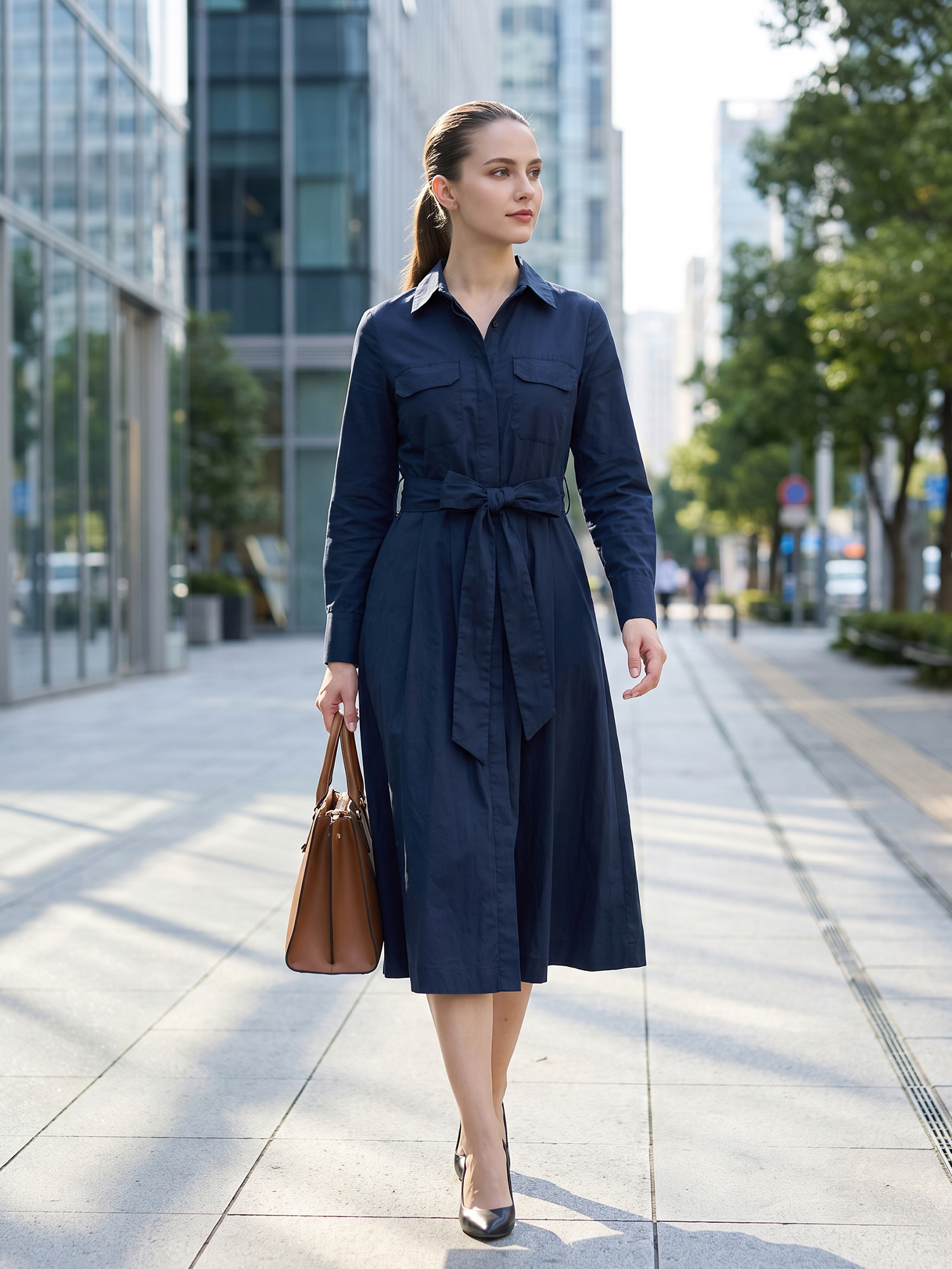 Long Sleeve Belted Midi A-Line Shirt Dress Blue/XS