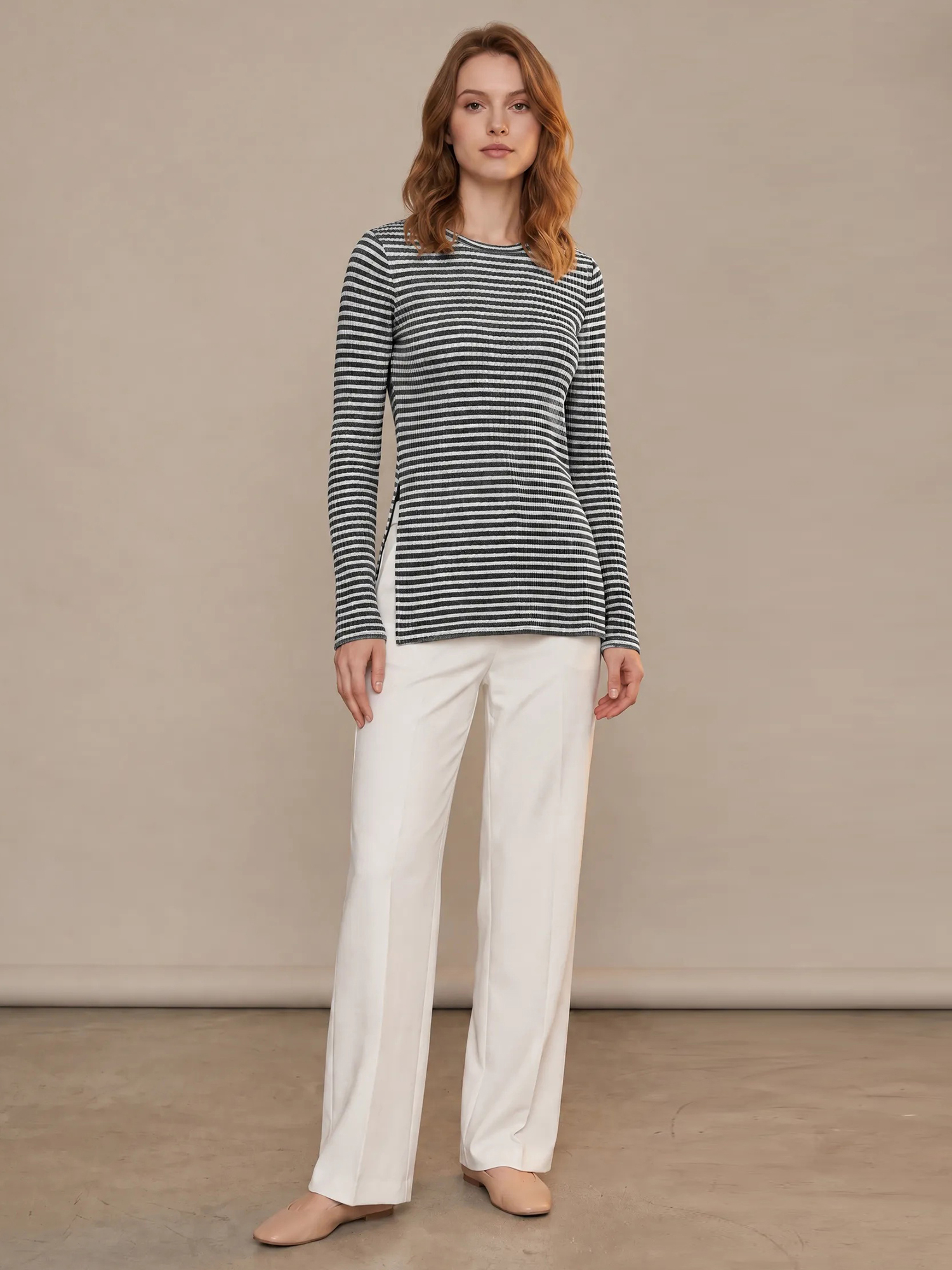 Crew Neck Striped Long Sleeves Split Tunic Knit Top Black/S