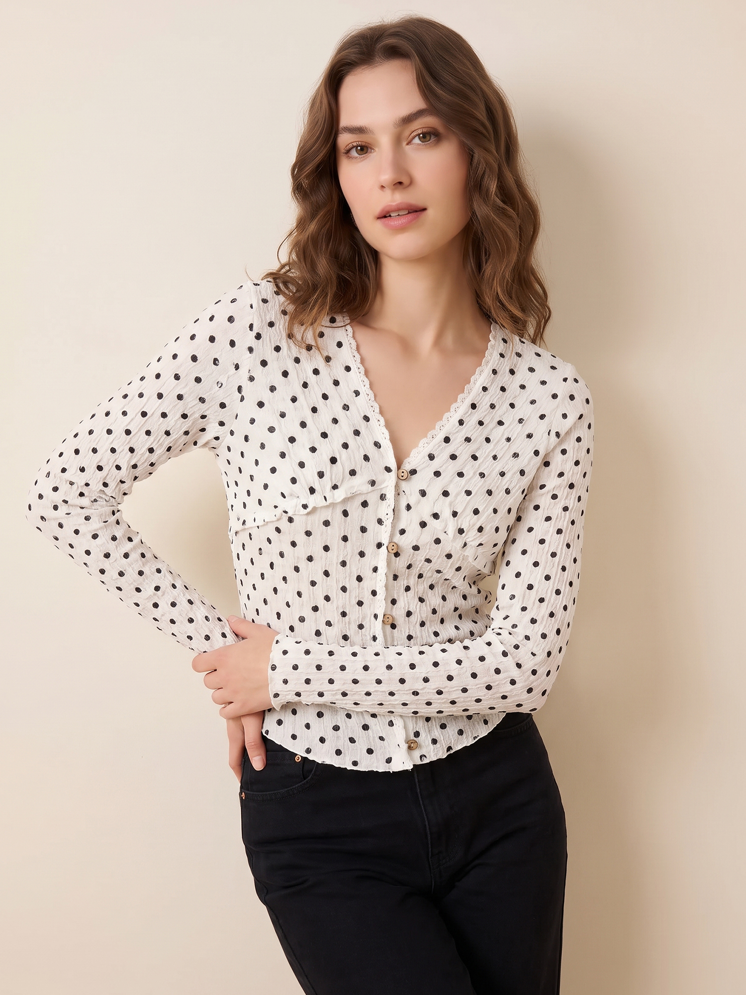 Ruffle V Neck Polka Dot Textured Long Sleeve Top White/L