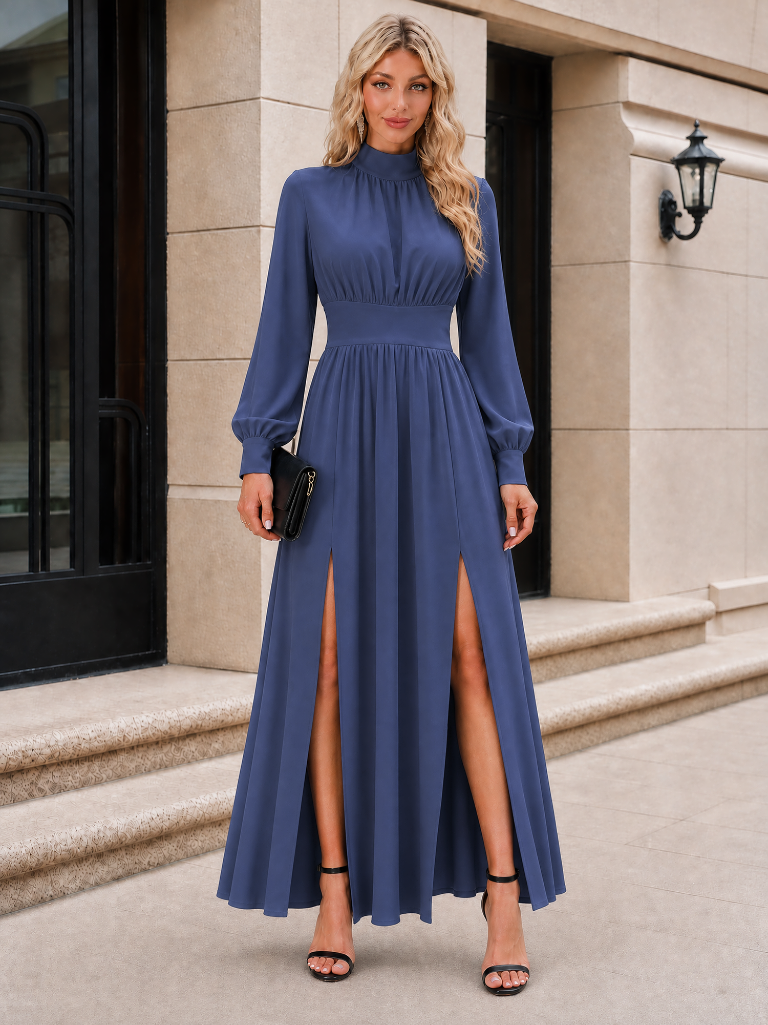Mock Neck Long Sleeve Double Split Maxi Dress Navy Blue/M