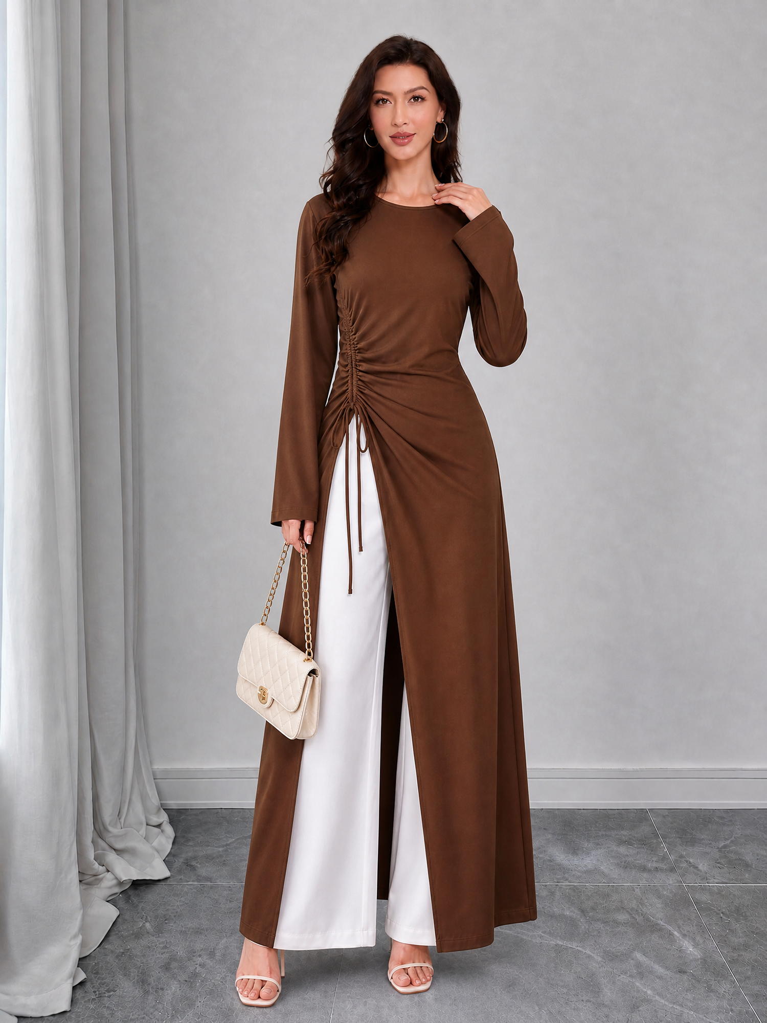 Drawstring Ruched Flared Long Sleeve Slit Blouse Dark Brown/L