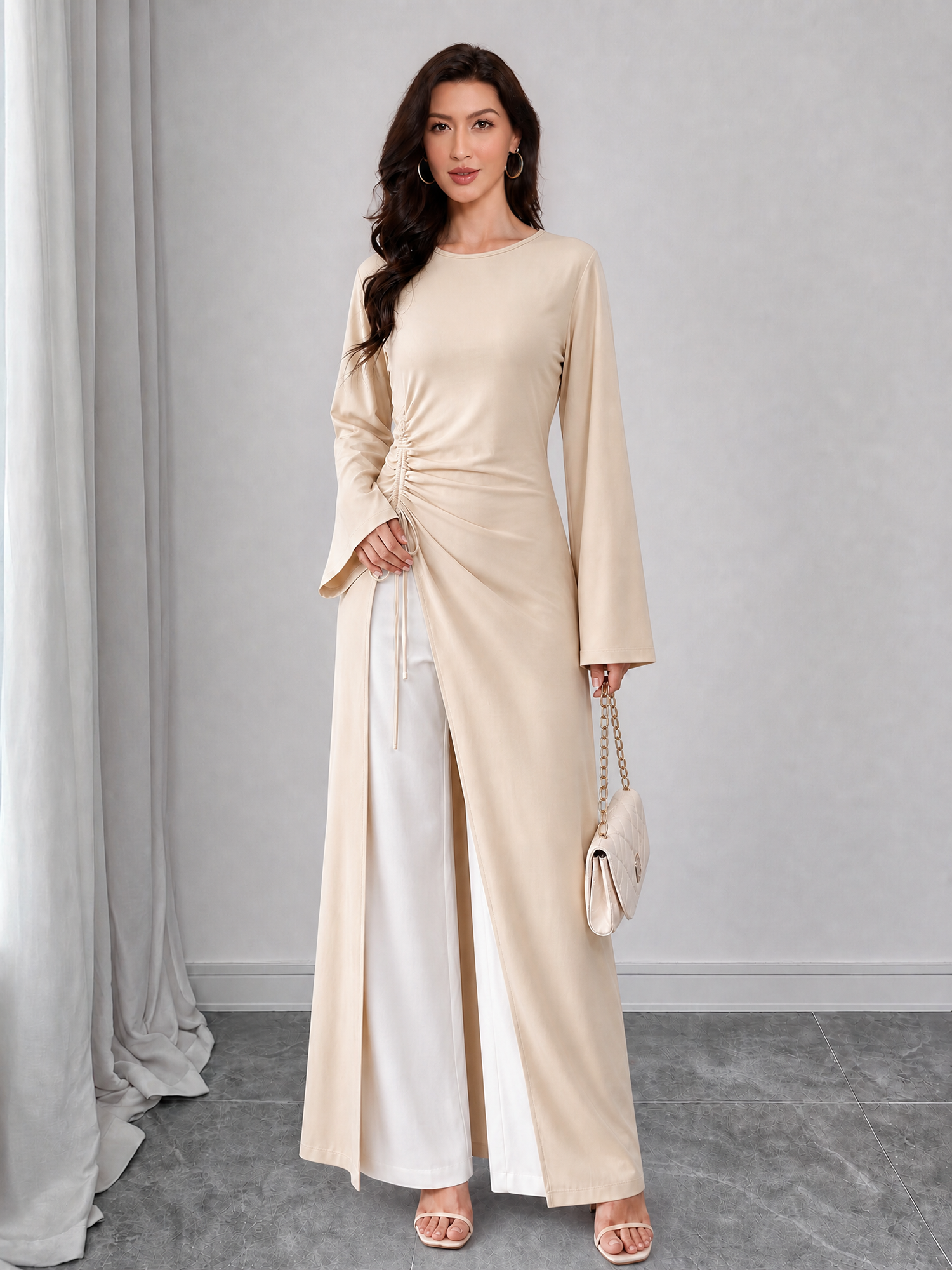 Drawstring Ruched Flared Long Sleeve Slit Blouse Khaki/M