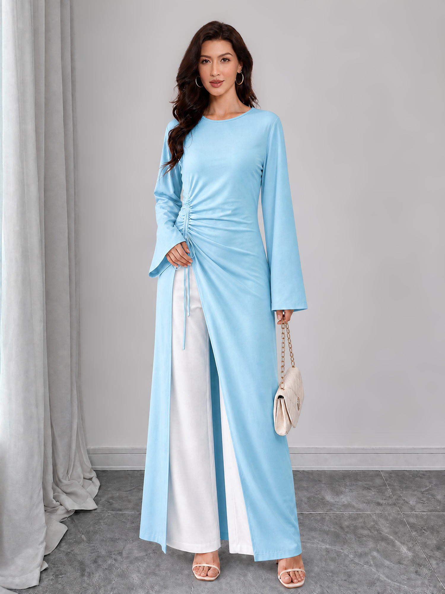 Drawstring Ruched Flared Long Sleeve Slit Blouse Light Blue/M