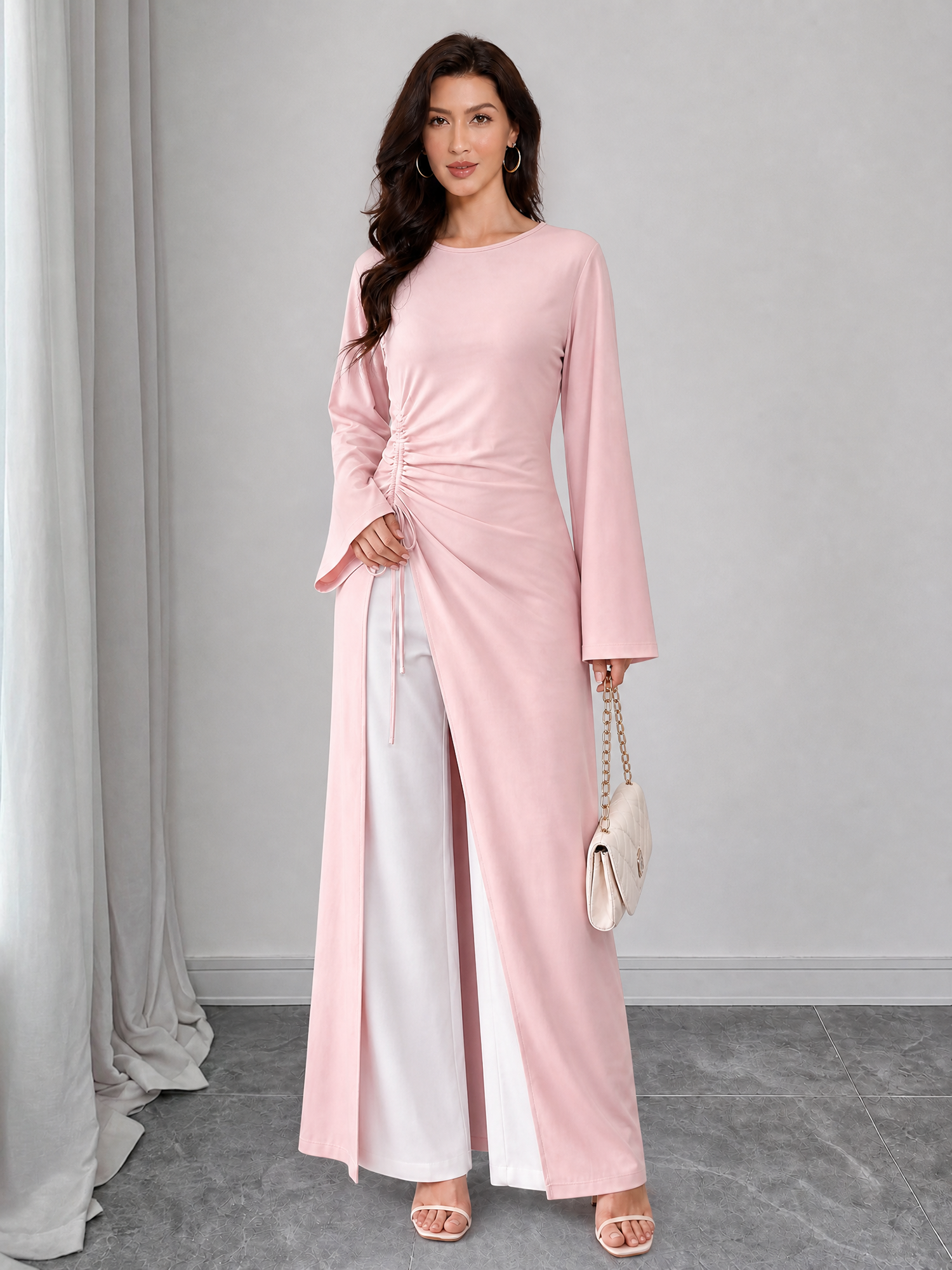 Drawstring Ruched Flared Long Sleeve Slit Blouse Pink/XS
