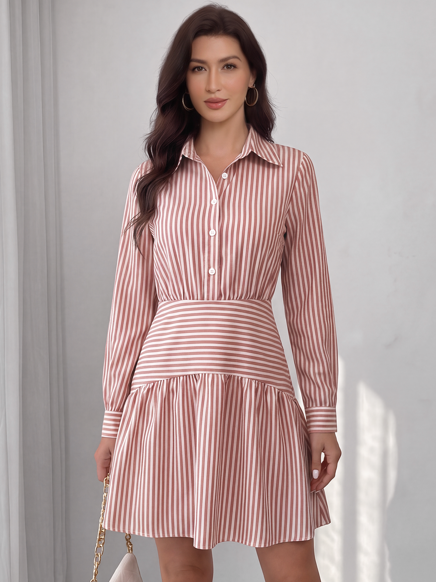 Ruffled Hem Long Sleeve Lapel Striped Shirt Dress