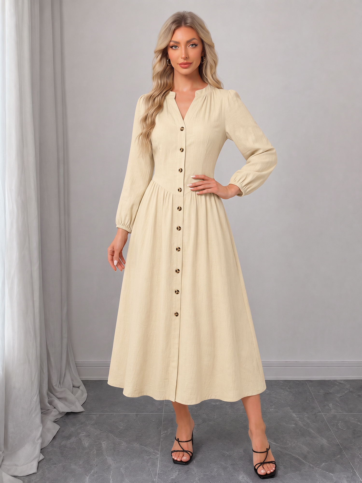 Puff Long Sleeves Button Down Ruched A-Line Dress Apricot/XL
