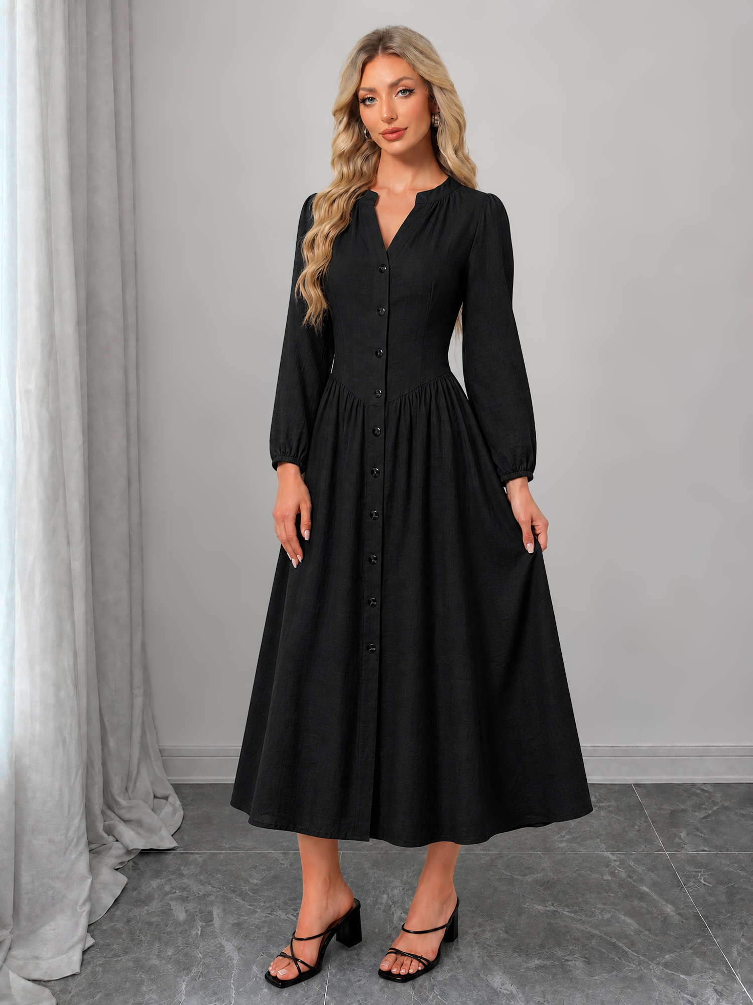 Puff Long Sleeves Button Down Ruched A-Line Dress Black/L