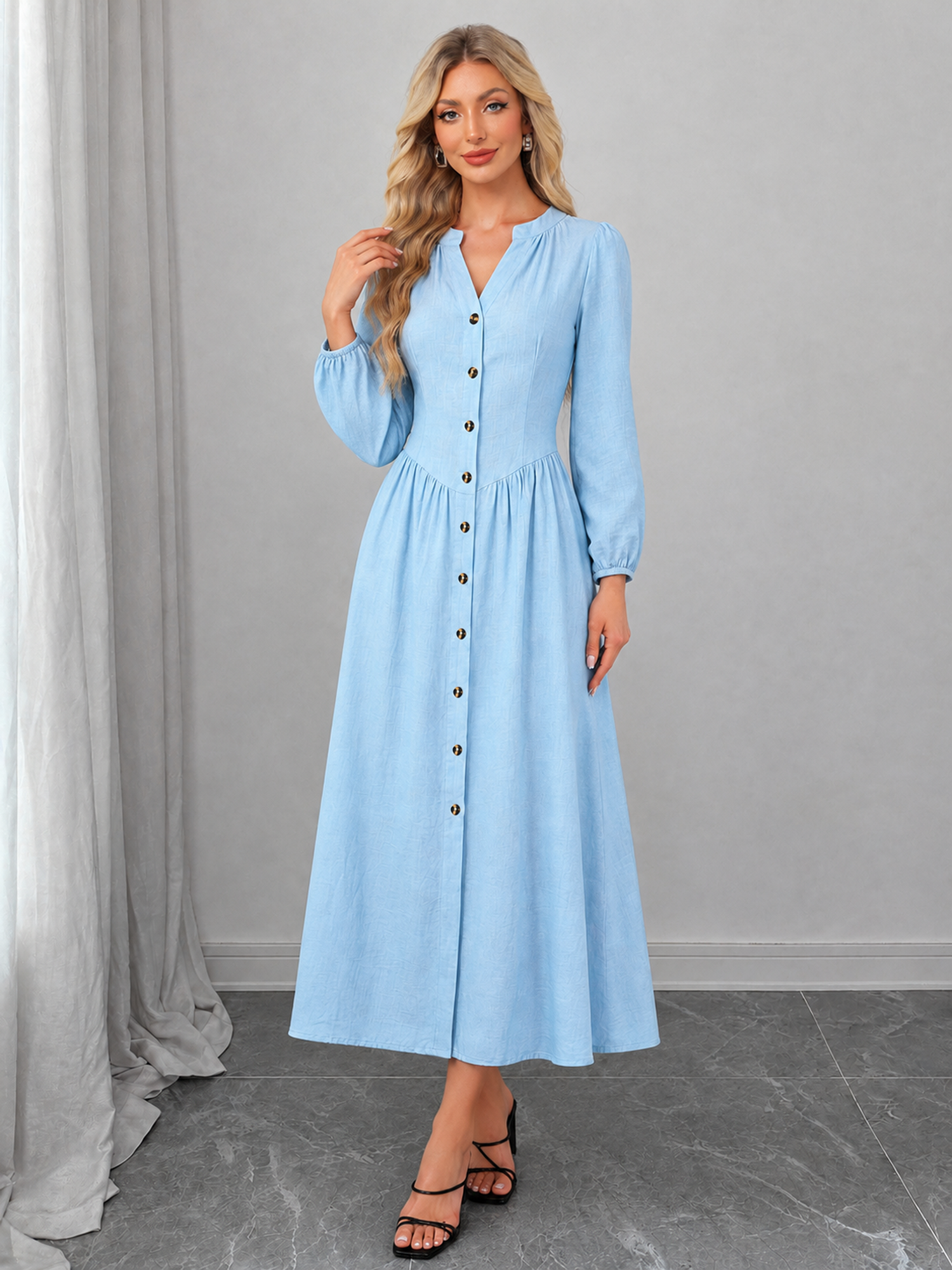 Puff Long Sleeves Button Down Ruched A-Line Dress Light Blue/M