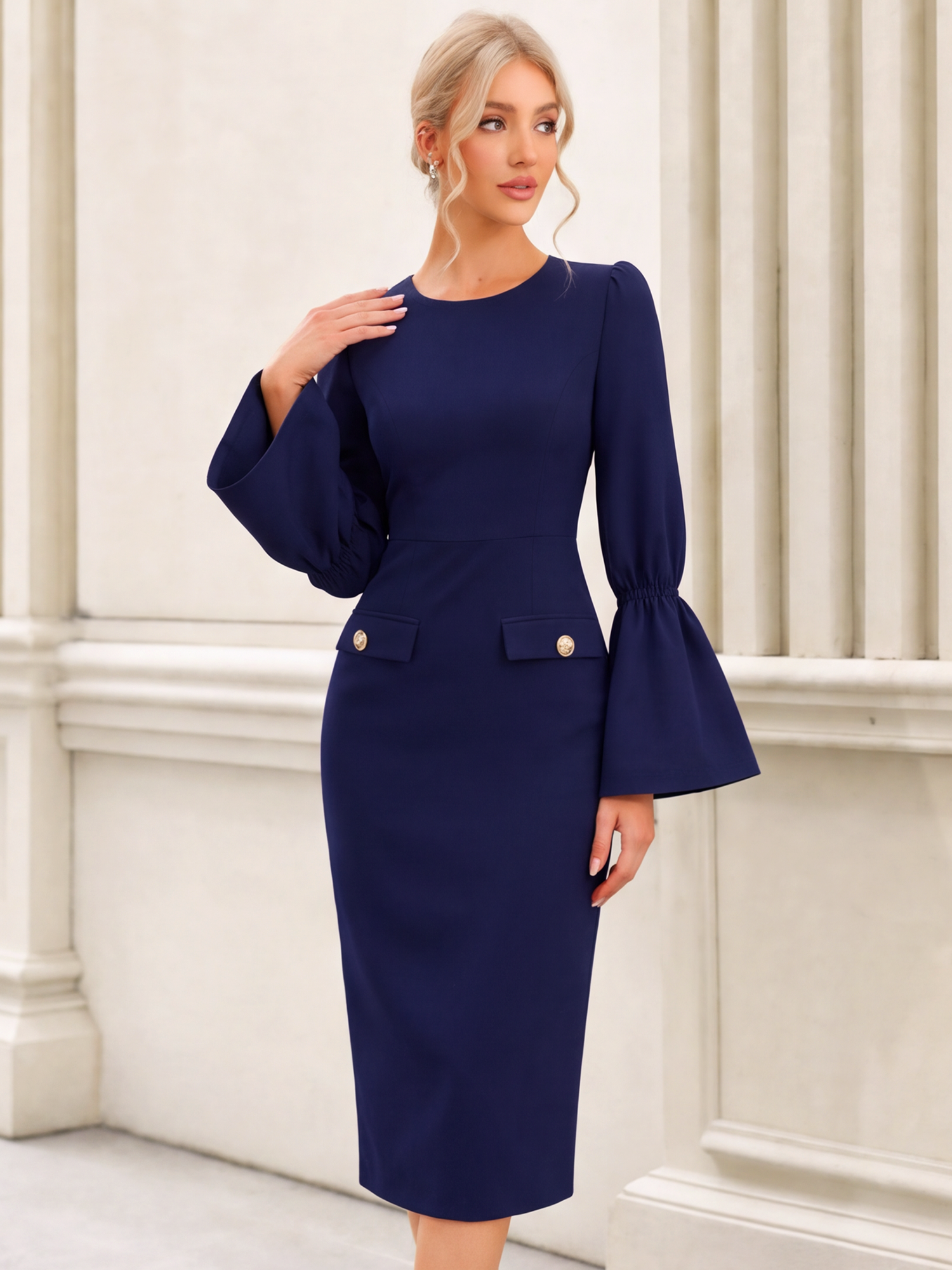 Round Neck Puff Flare Sleeves Midi Sheath Dress Navy Blue/S