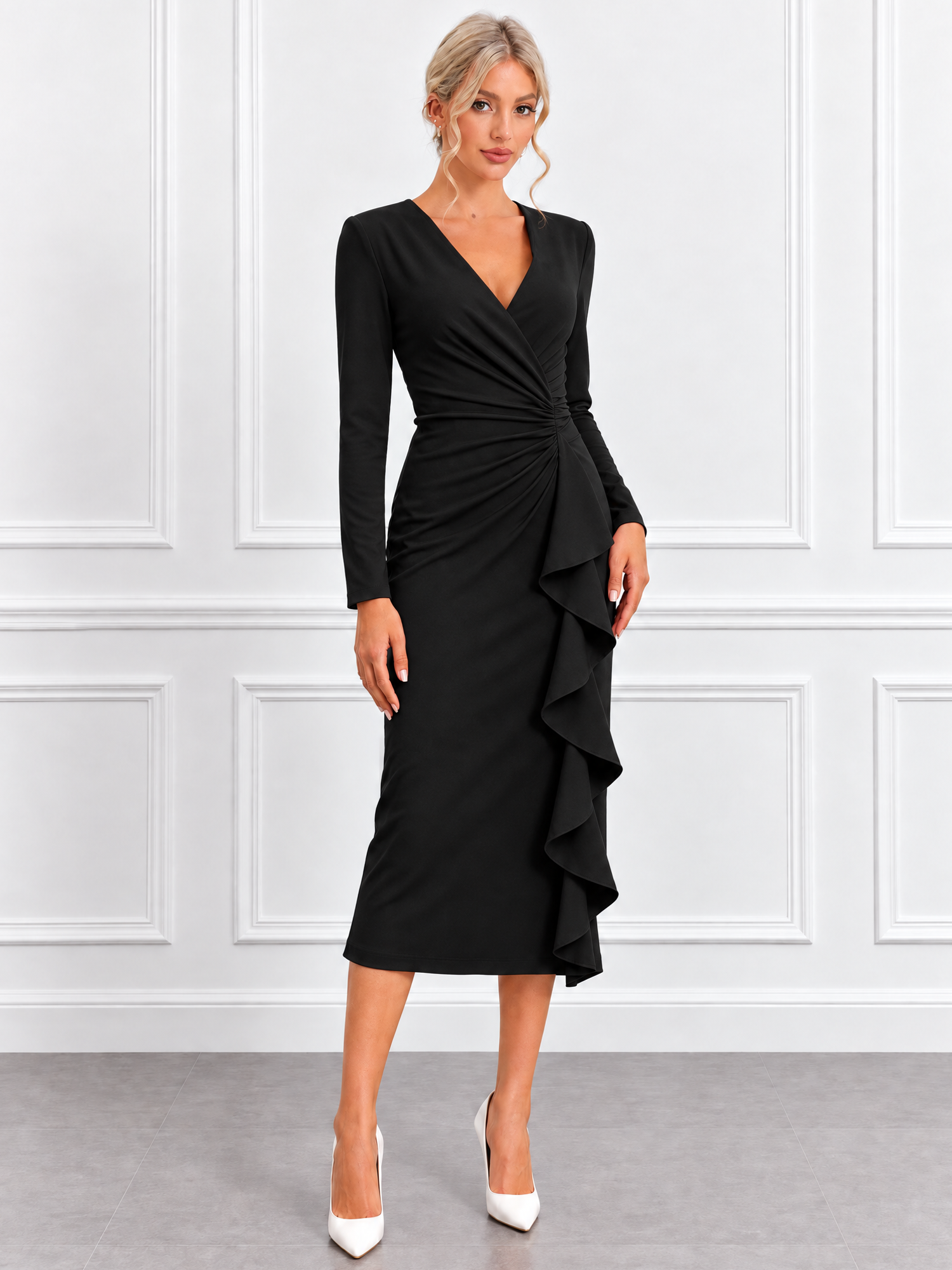 V Neck Ruched Ruffled Bodycon Midi Dress Black/XS