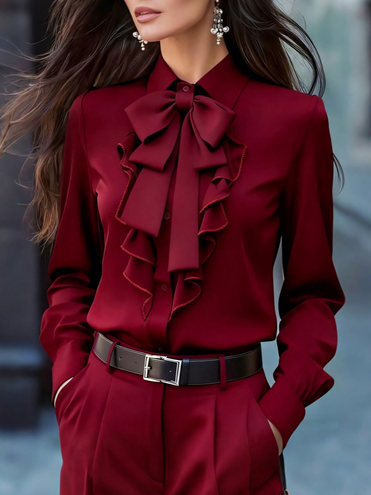 Bow Collared Ruffled Long Sleeves Blouse Burgundy/L