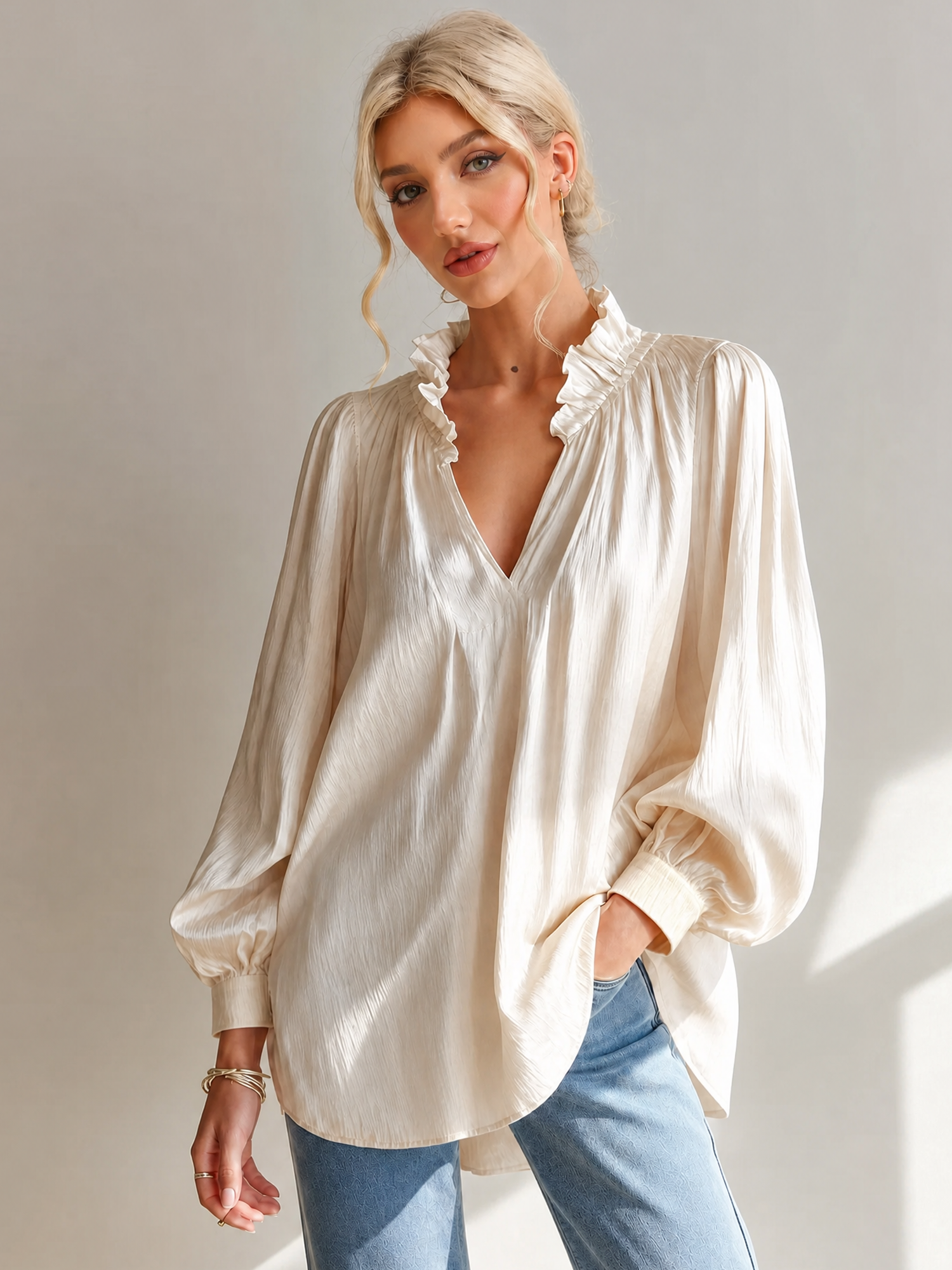 Ruffled V Neck Bishop Sleeves Textured Blouse Apricot/XL