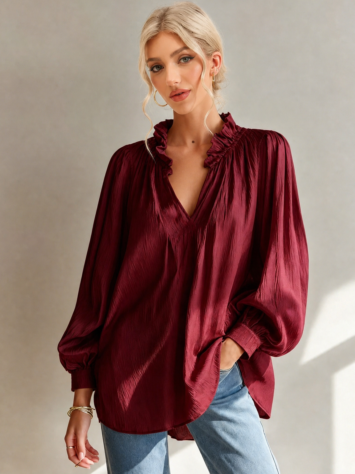Ruffled V Neck Bishop Sleeves Textured Blouse Burgundy/XL