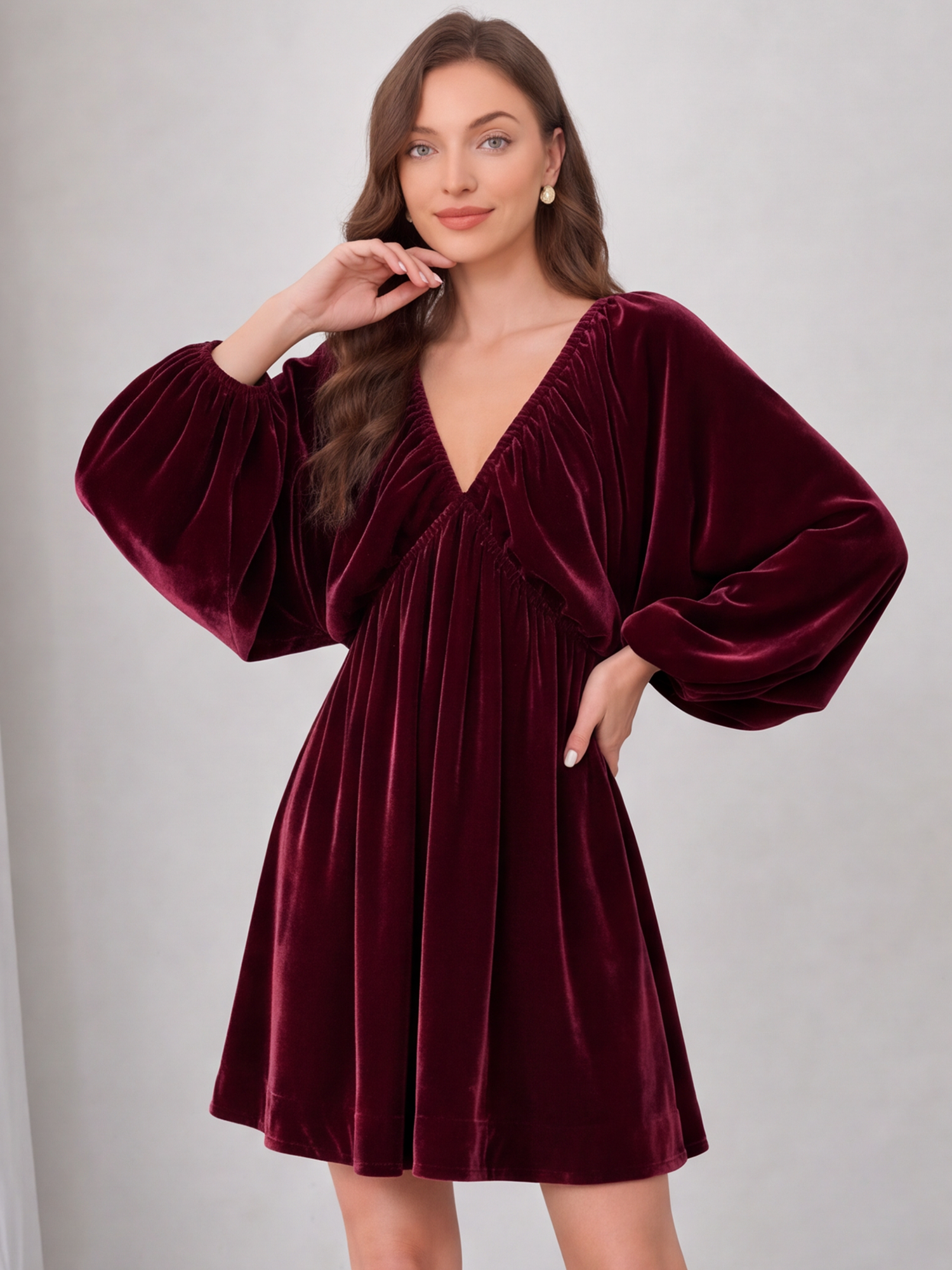 Velvet V Neck Puff Sleeves Pockets Ruched Mini Dress Burgundy/M