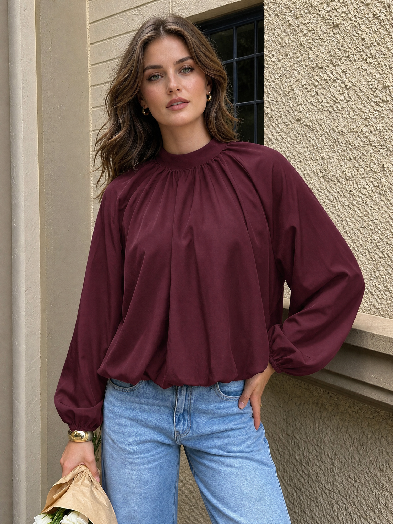 Lace-Up Ruched Lantern Sleeves Bubble Blouse Burgundy/XL