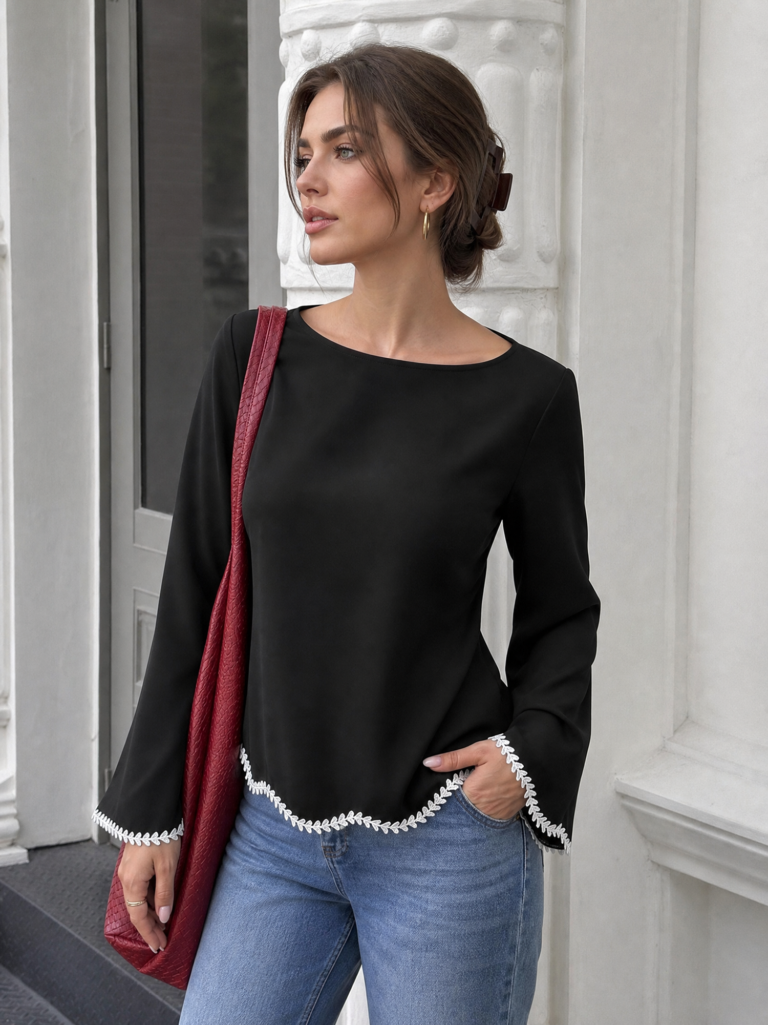 Bow Neck Bell Sleeves Colorblock Irregular Hem Blouse Black/L