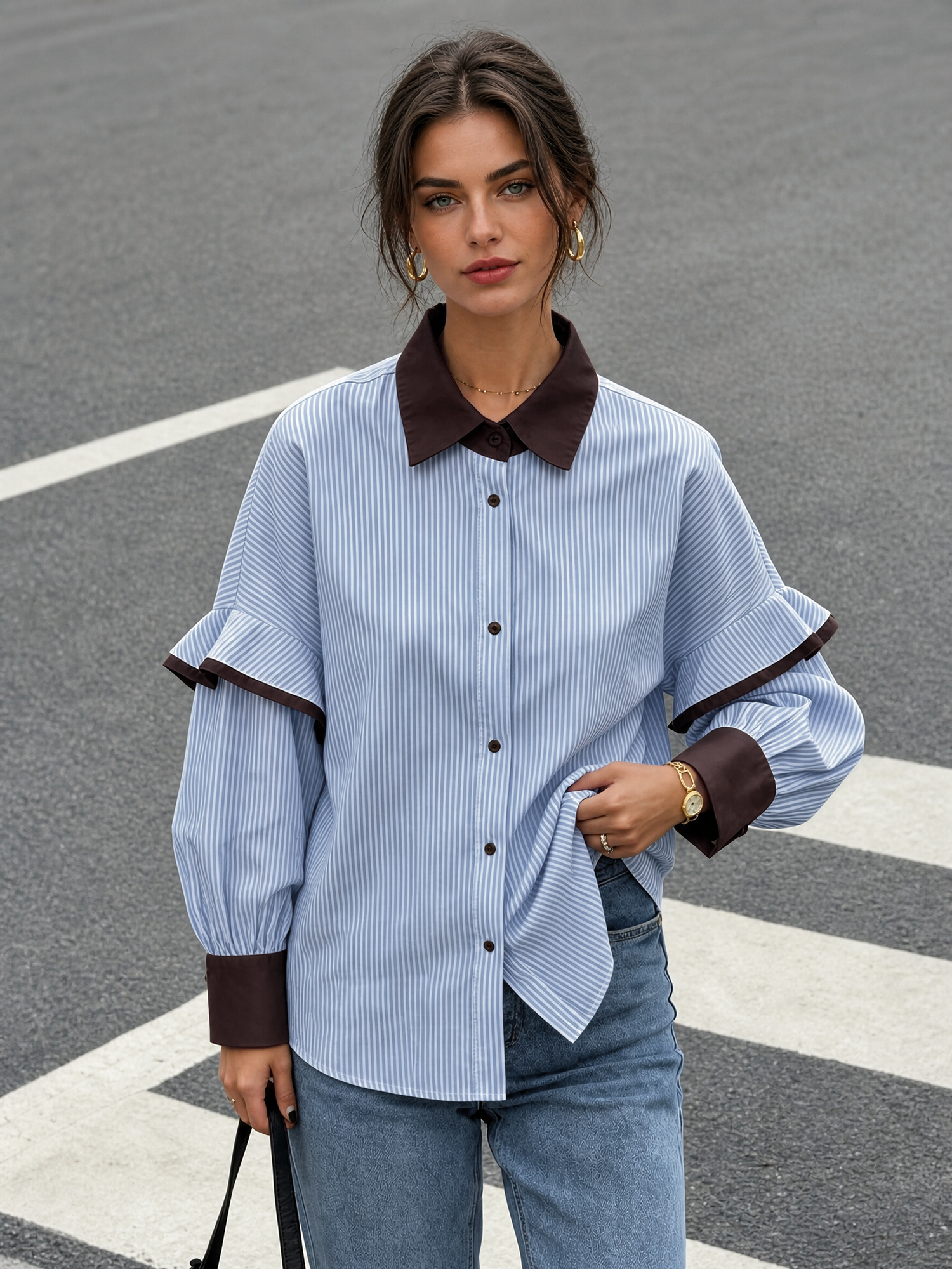 Striped Colorblock Ruffled Long Sleeves Blouse Blue/2XL