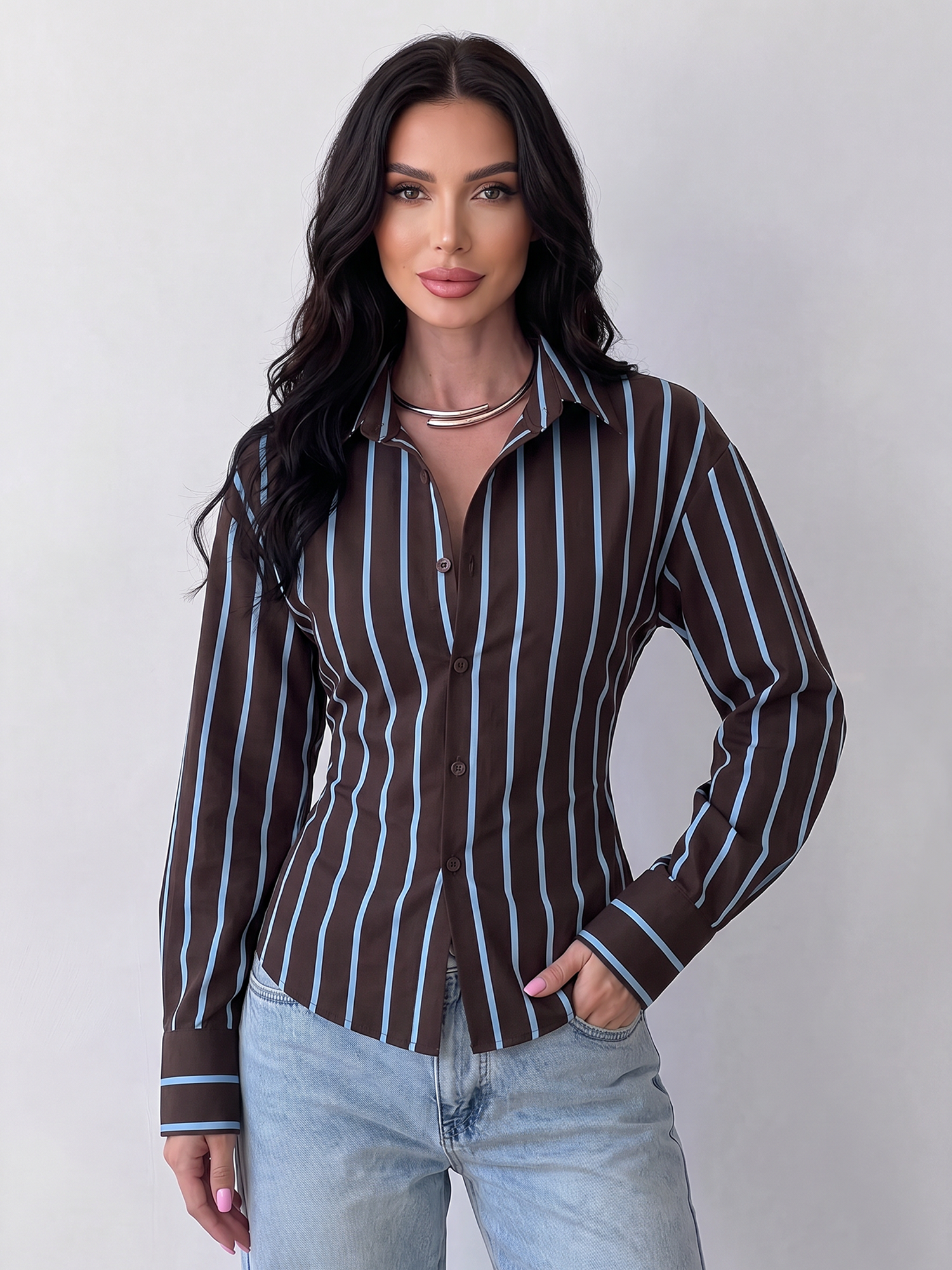 Striped Colorblock Long Sleeves Lace-Up Blouse Brown/L