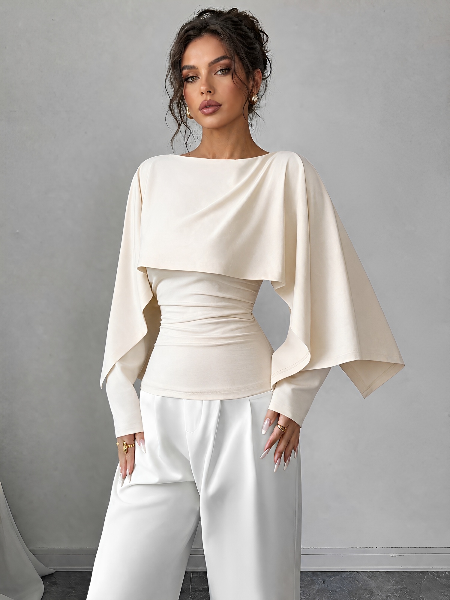 Solid Color Boat Neck Long Sleeves Cape Blouse Apricot/M