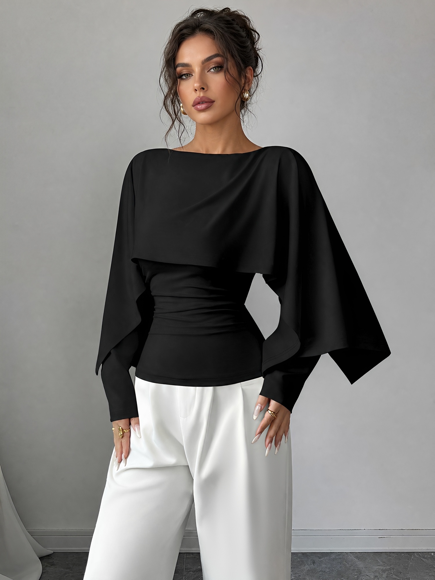 Solid Color Boat Neck Long Sleeves Cape Blouse Black/XL