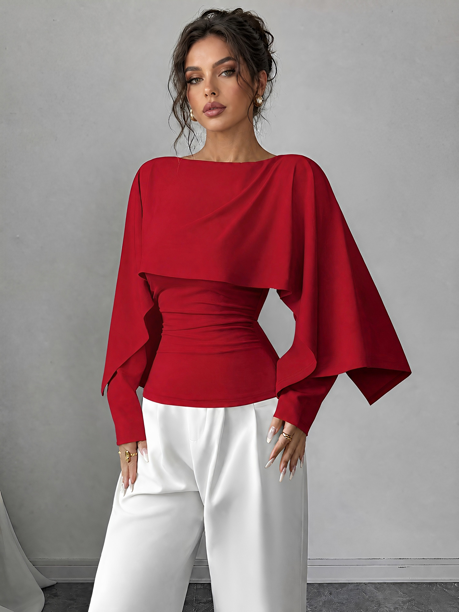 Solid Color Boat Neck Long Sleeves Cape Blouse Burgundy/L