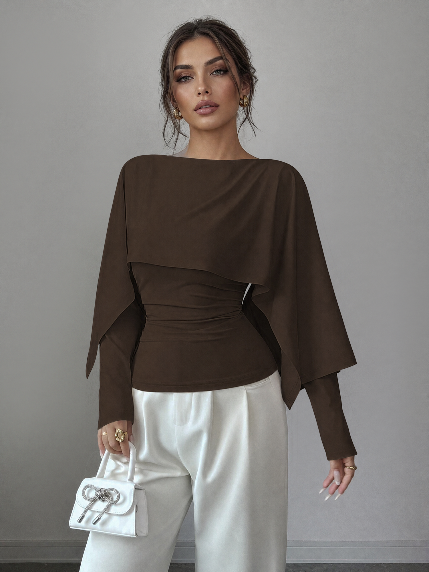 Solid Color Boat Neck Long Sleeves Cape Blouse Coffee/XL