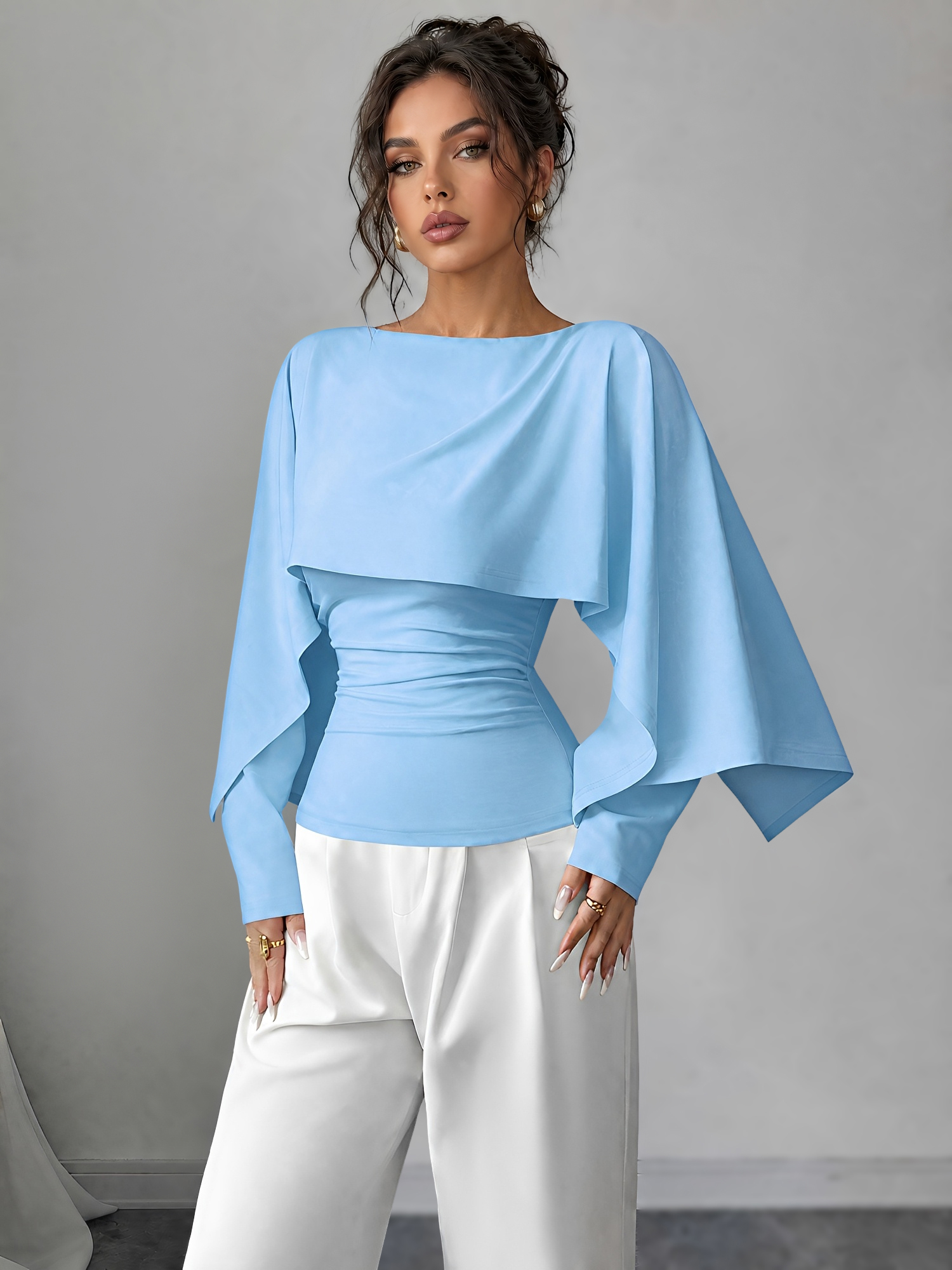 Solid Color Boat Neck Long Sleeves Cape Blouse Light Blue/XS
