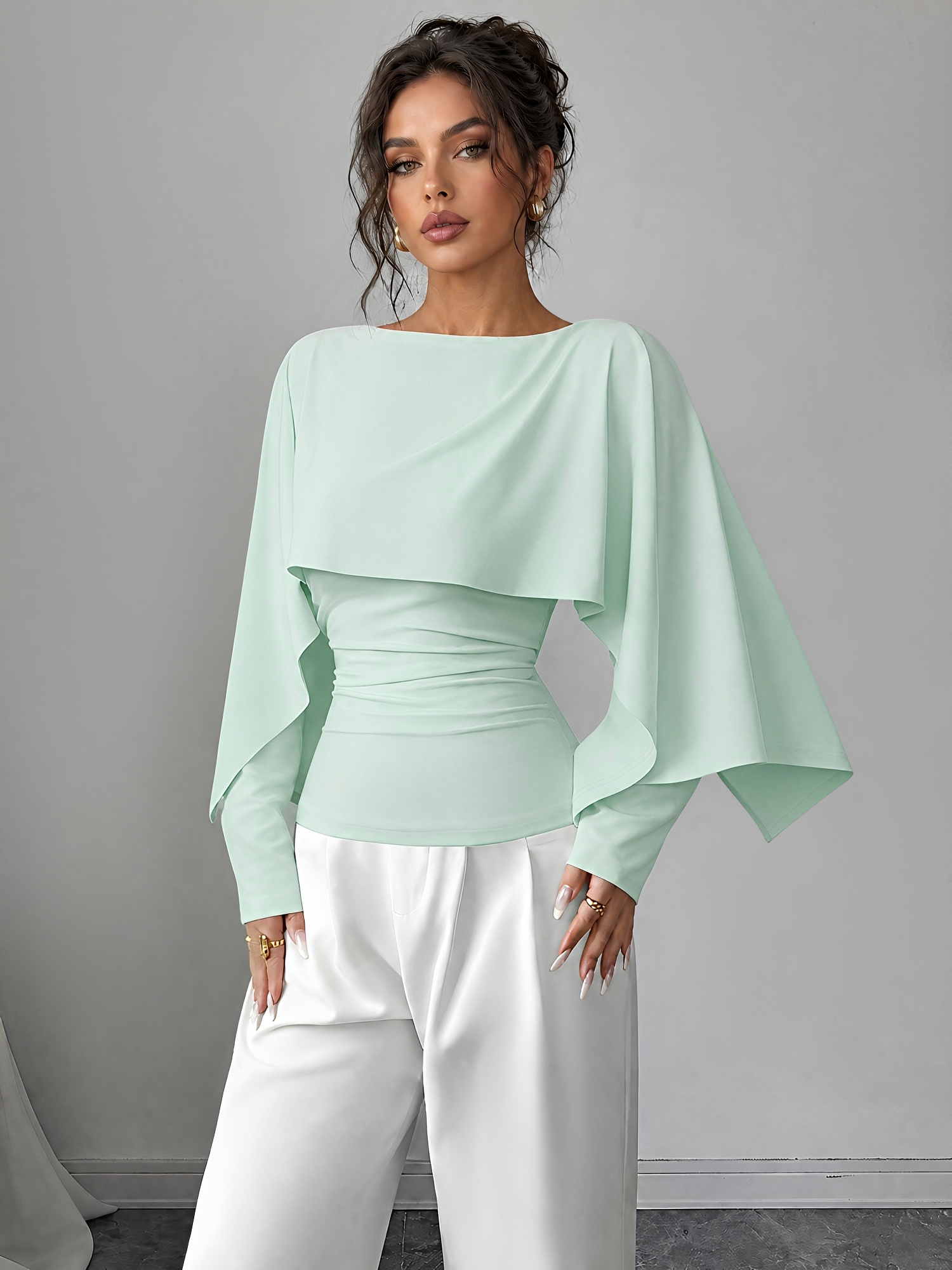 Solid Color Boat Neck Long Sleeves Cape Blouse Light Green/L