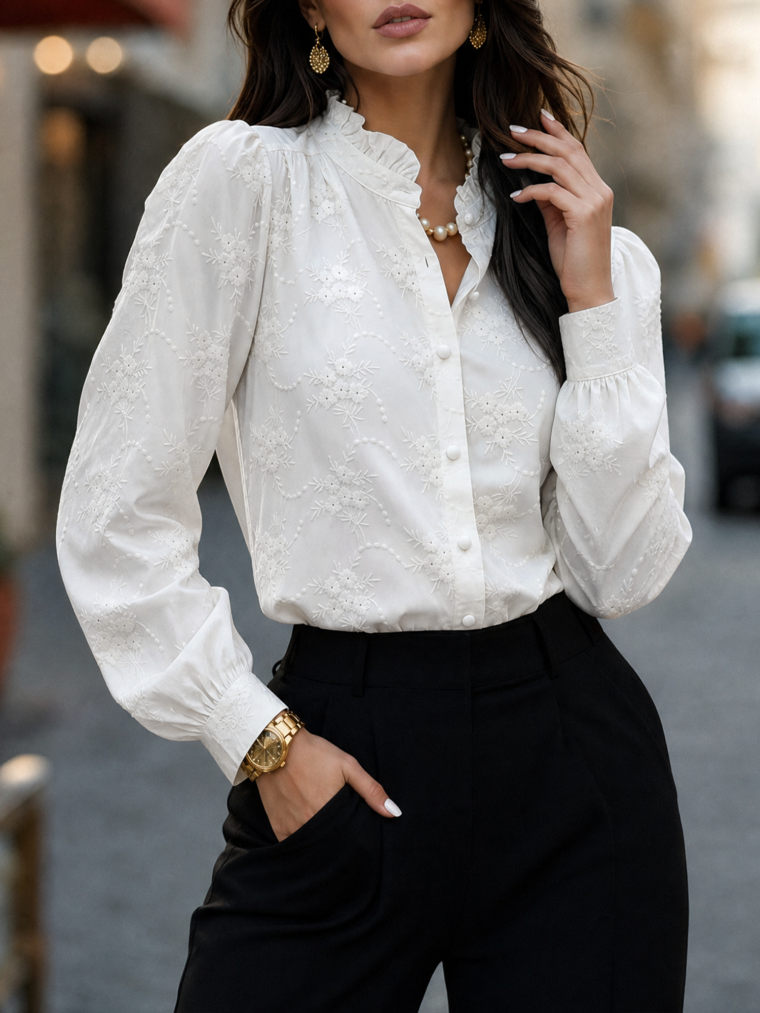 Flower Textured Puff Long Sleeves Ruffled Blouse White/S