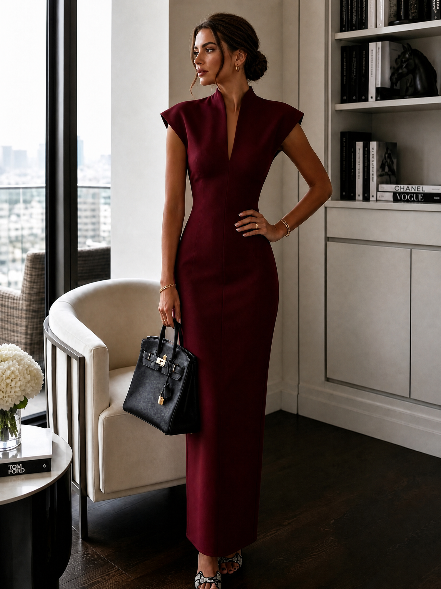 Tailored Cap Sleeves Bodycon Slit Maxi Dress Burgundy/S