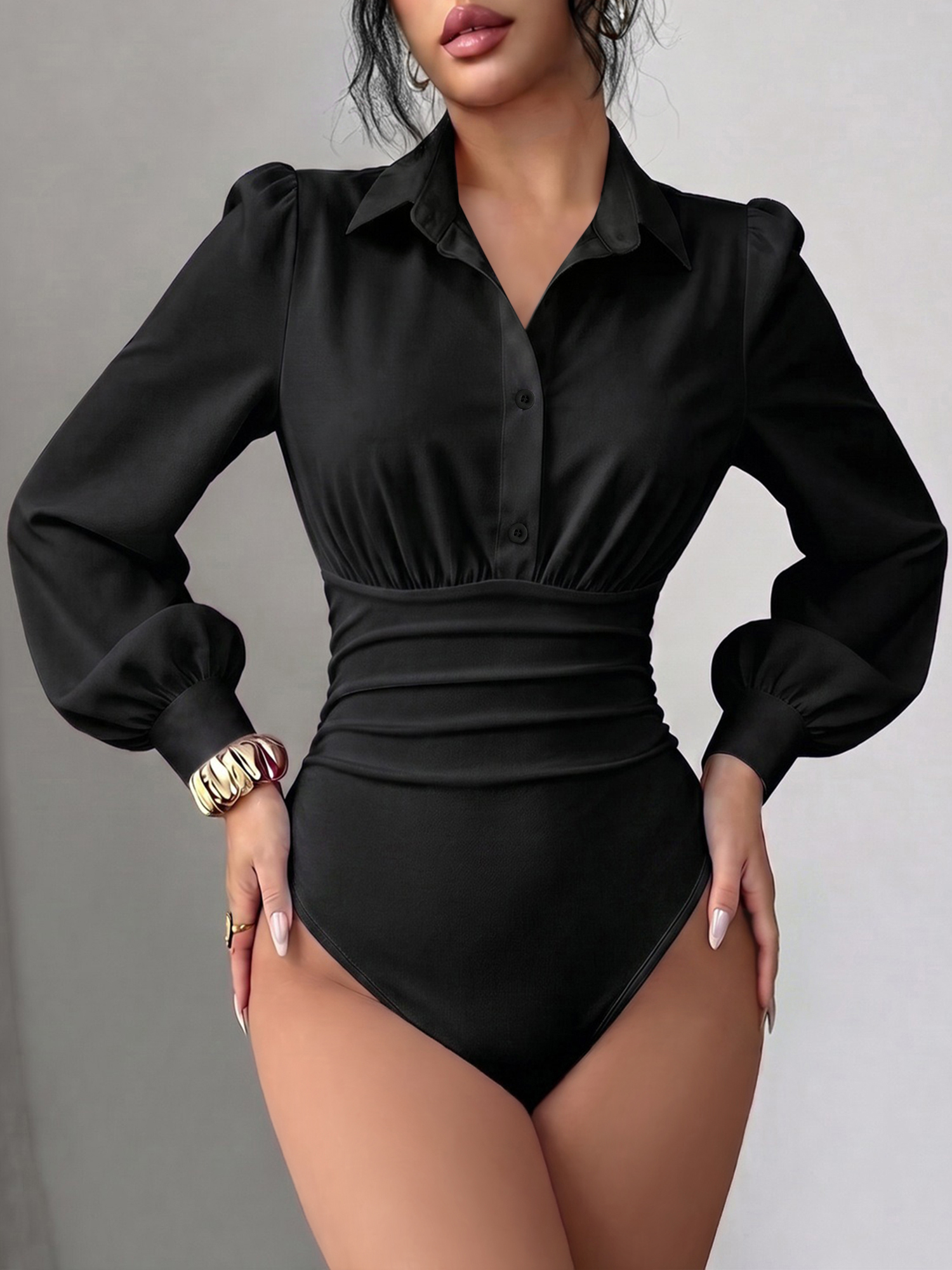 Lapel Puff Long Sleeve Ruched Solid Color Bodysuit Black/S