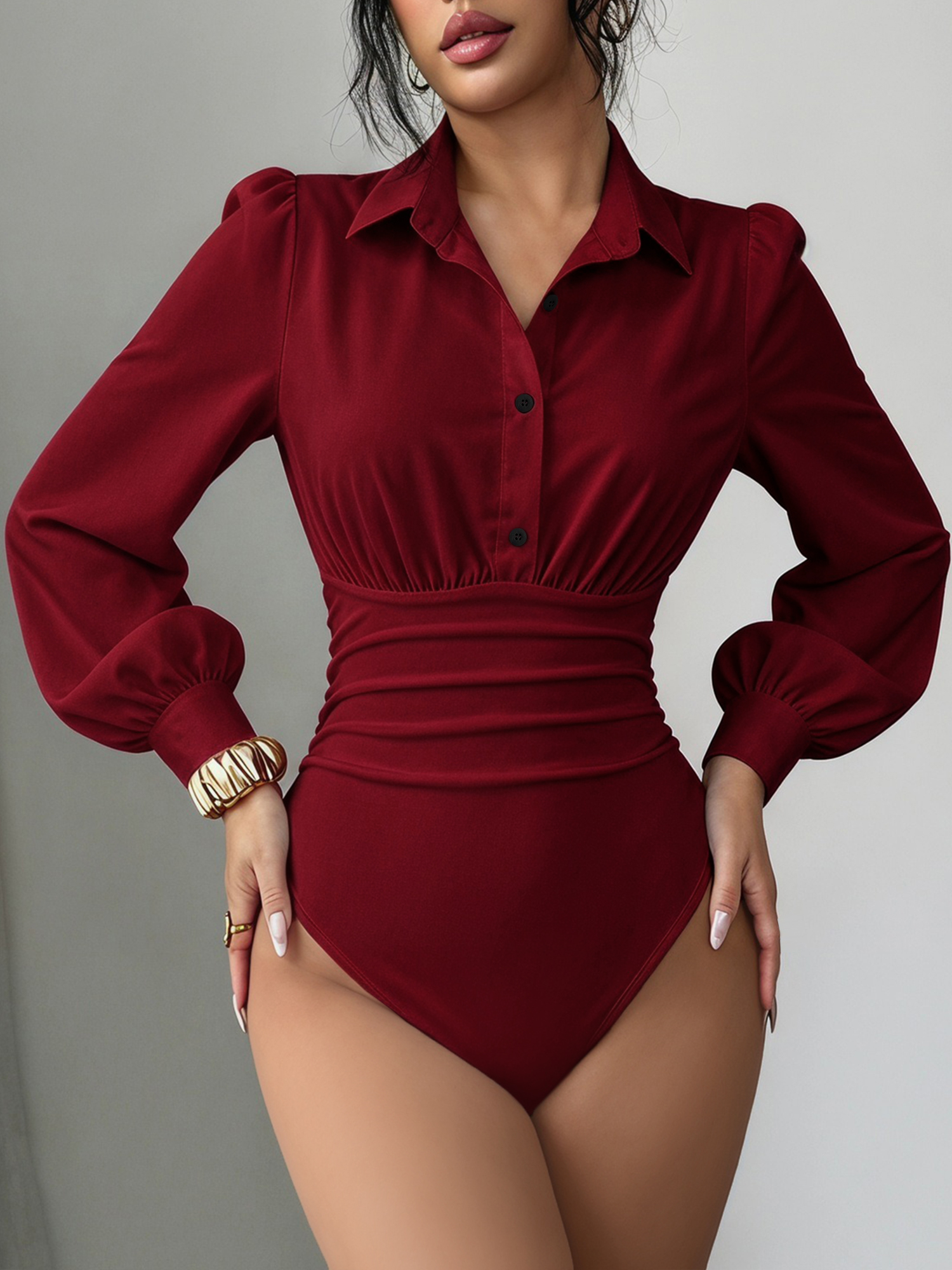 Lapel Puff Long Sleeve Ruched Solid Color Bodysuit Burgundy/XS