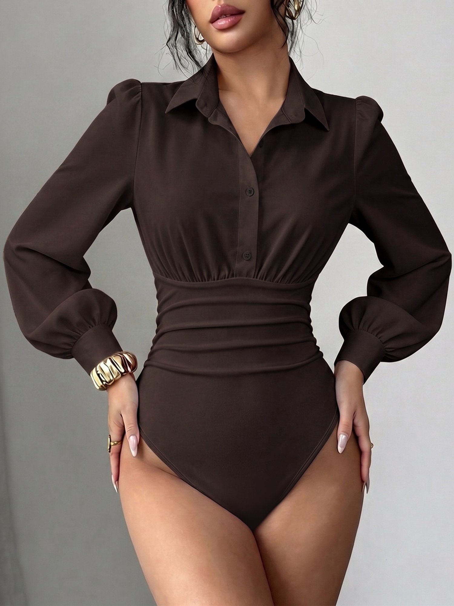 Lapel Puff Long Sleeve Ruched Solid Color Bodysuit Coffee/L